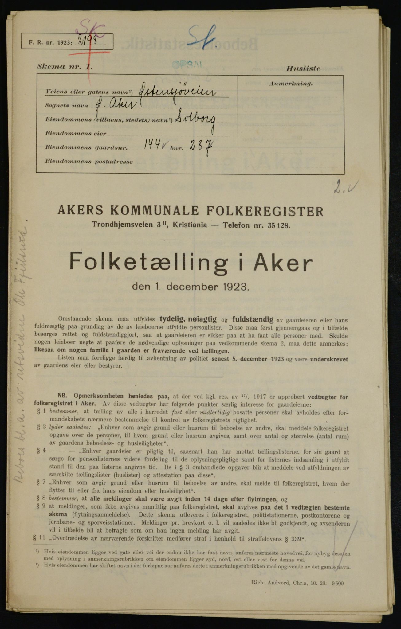 , Municipal Census 1923 for Aker, 1923, p. 36530