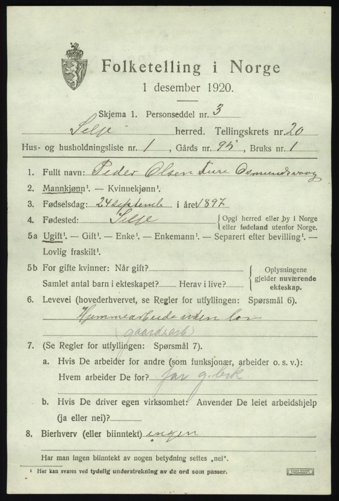SAB, 1920 census for Selje, 1920, p. 8489