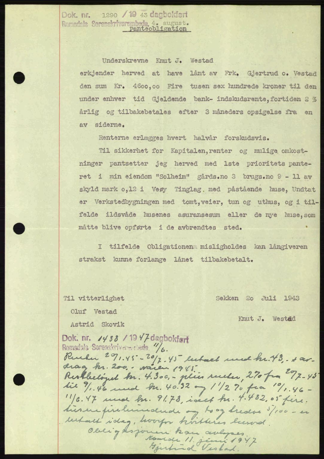 Romsdal sorenskriveri, AV/SAT-A-4149/1/2/2C: Mortgage book no. B2, 1939-1945, Diary no: : 1271/1943