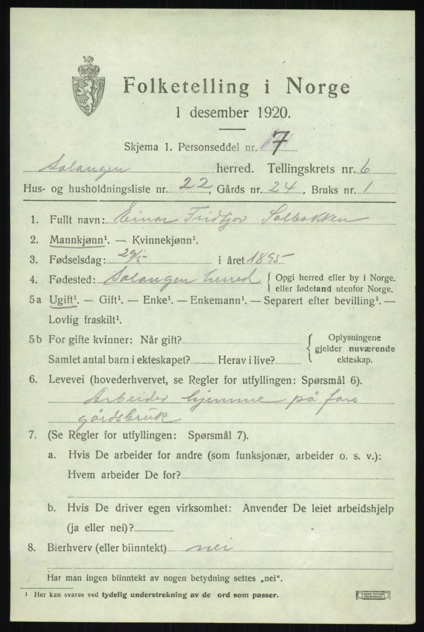 SATØ, 1920 census for Salangen, 1920, p. 4590