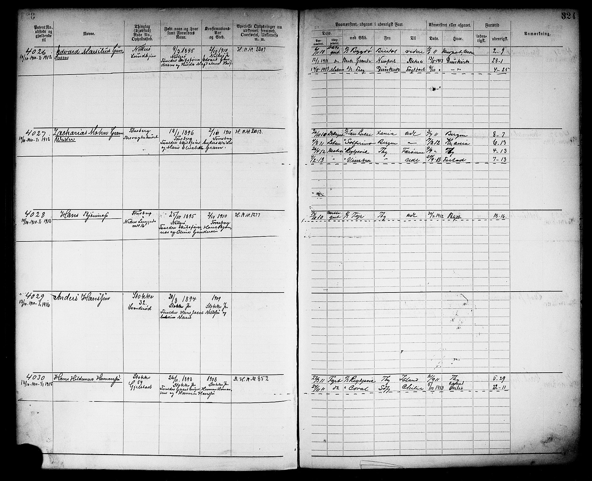 Tønsberg innrulleringskontor, AV/SAKO-A-786/F/Fb/L0009: Annotasjonsrulle Patent nr. 2406-4085, 1904-1910, p. 327