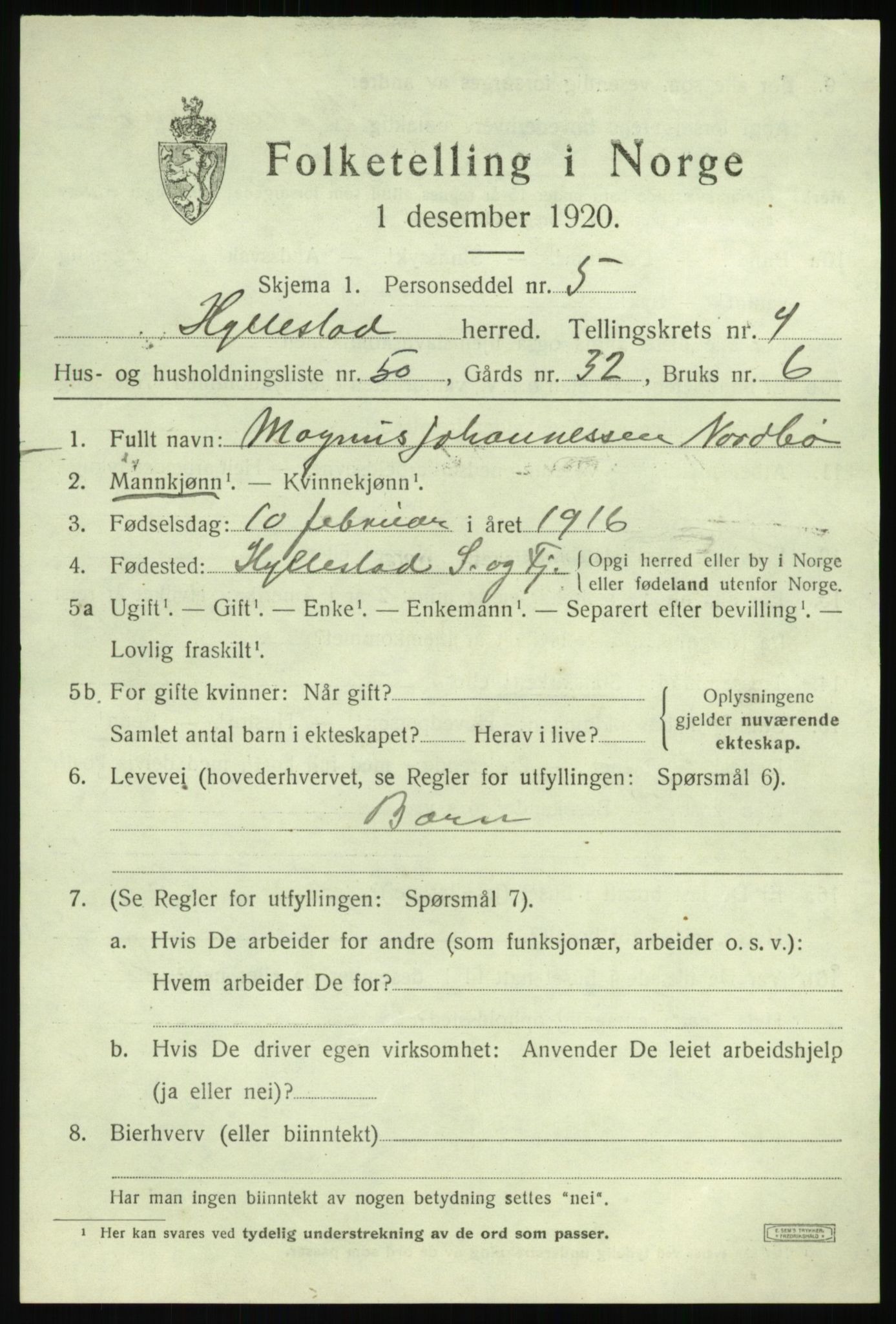 SAB, 1920 census for Hyllestad, 1920, p. 2354