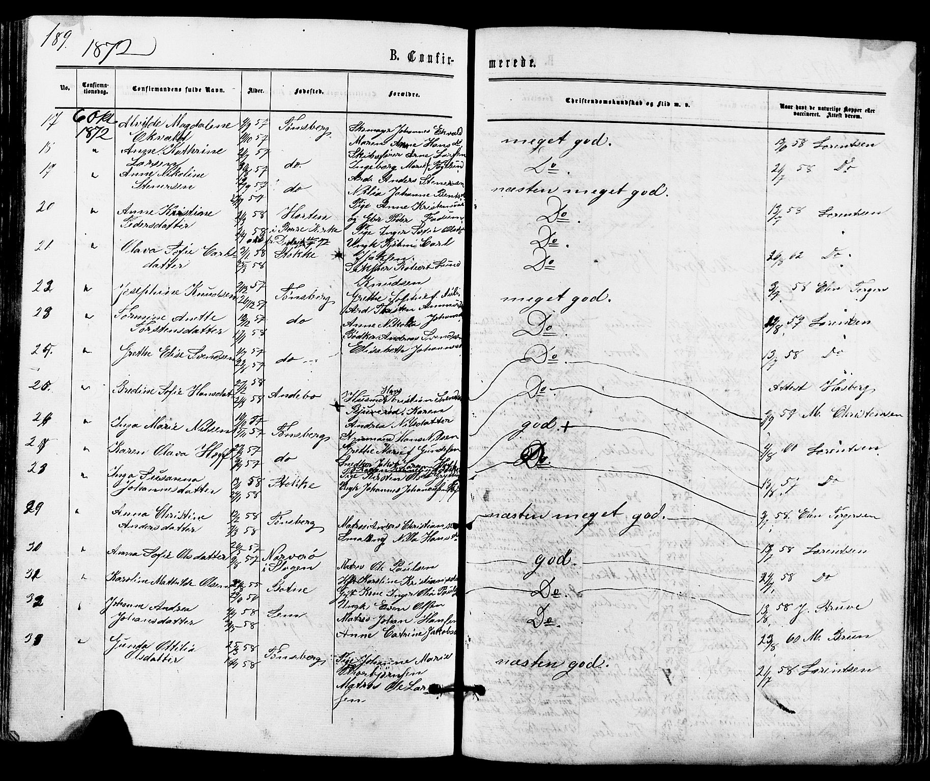 Tønsberg kirkebøker, AV/SAKO-A-330/F/Fa/L0009: Parish register (official) no. I 9, 1865-1873, p. 189