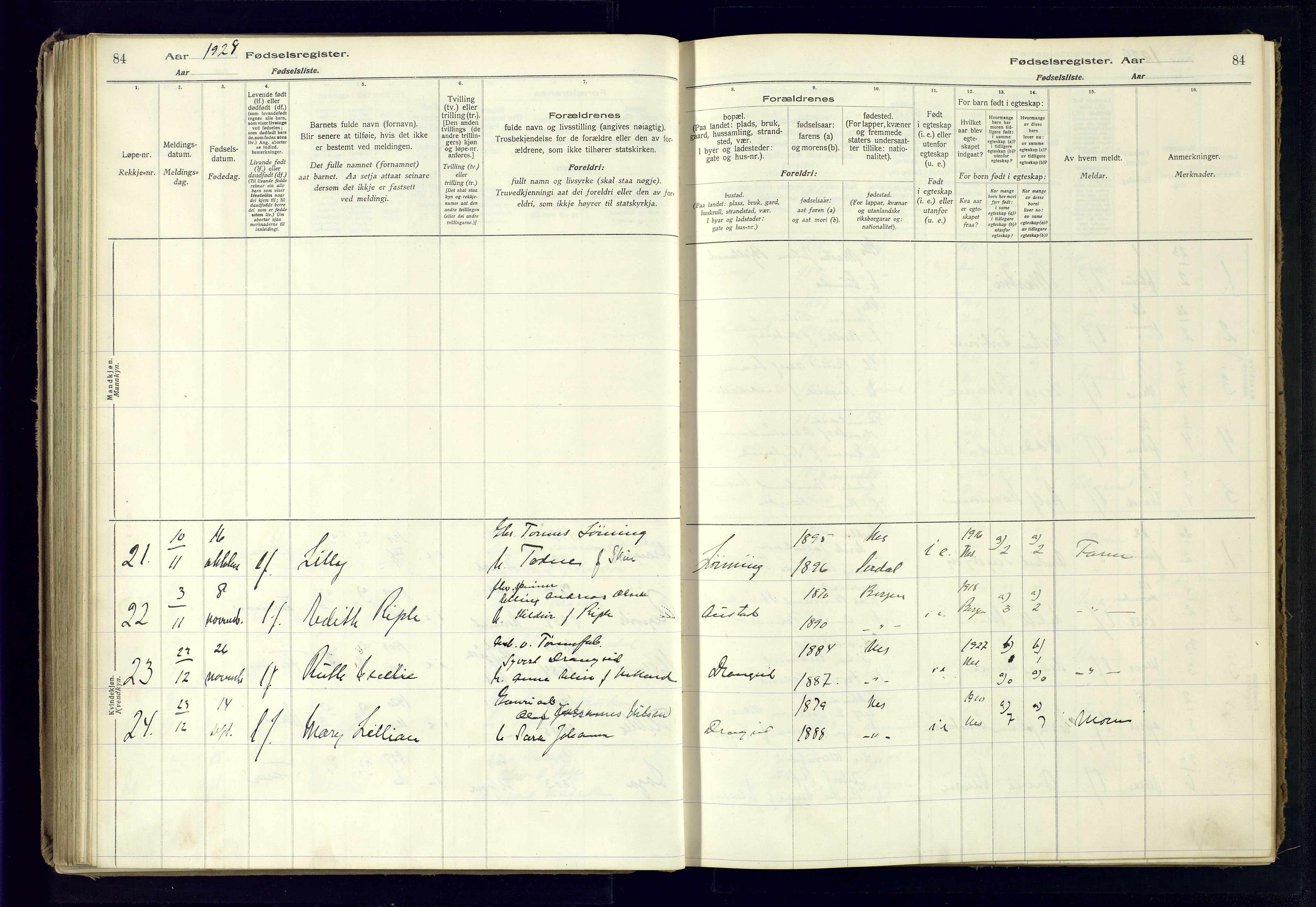 Flekkefjord sokneprestkontor, AV/SAK-1111-0012/J/Ja/L0005: Birth register no. 5, 1916-1950, p. 84