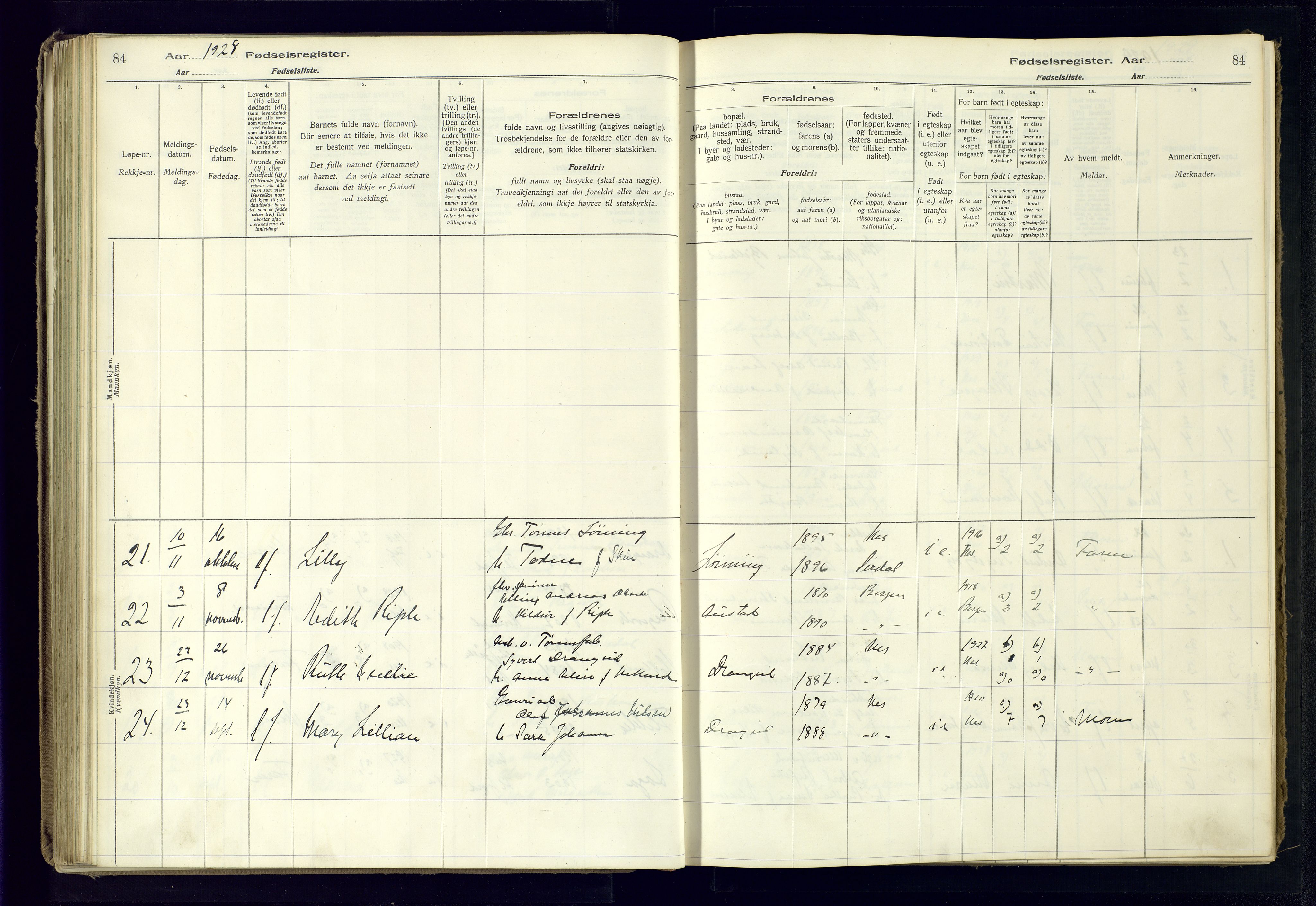 Flekkefjord sokneprestkontor, SAK/1111-0012/J/Ja/L0005: Birth register no. 5, 1916-1950, p. 84