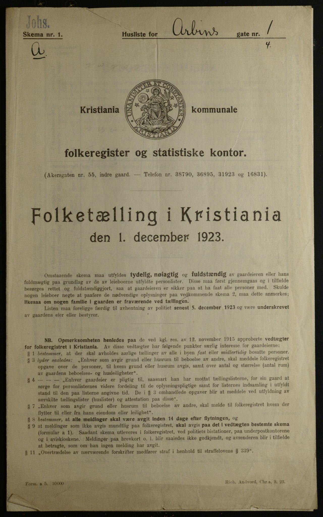 OBA, Municipal Census 1923 for Kristiania, 1923, p. 1734