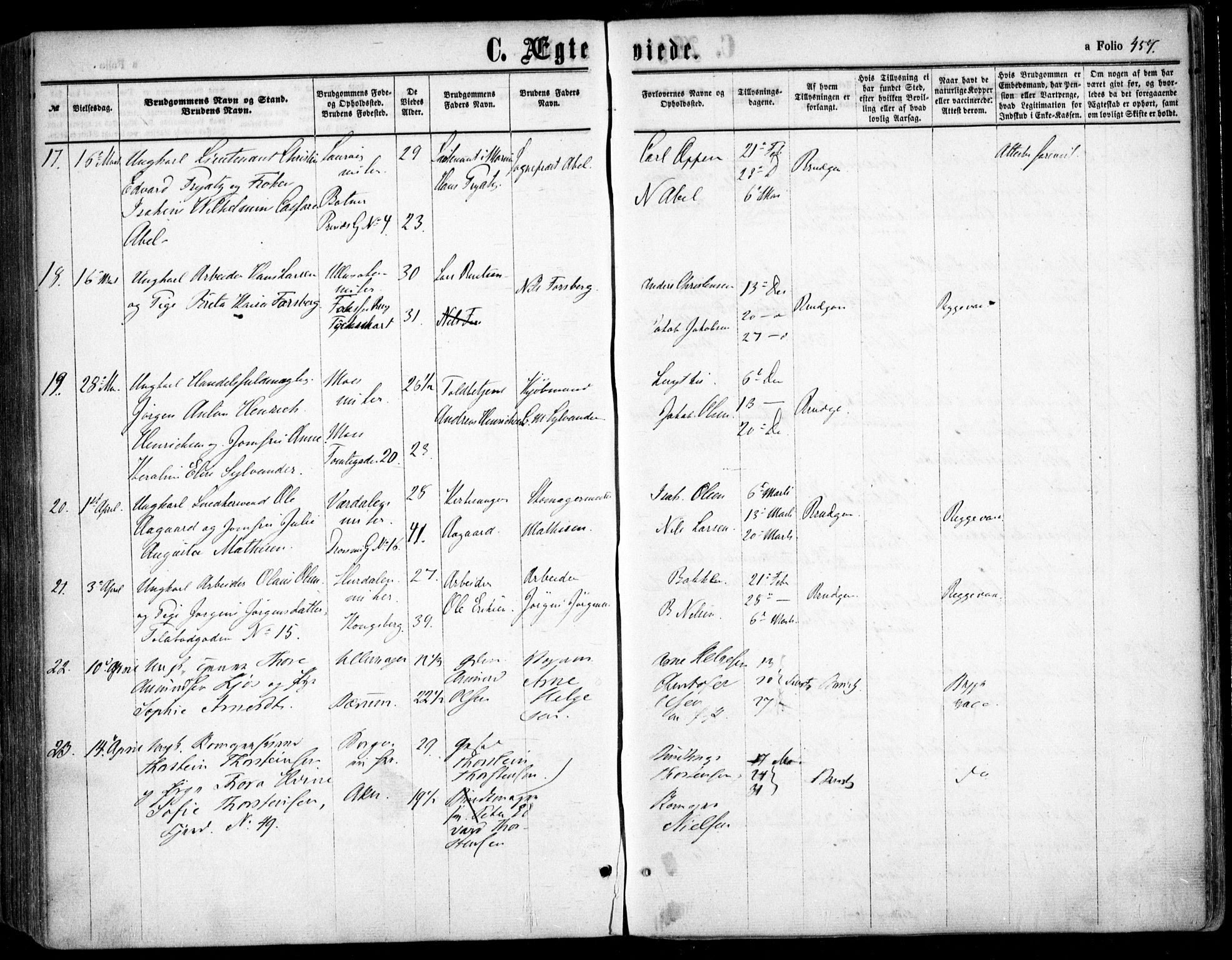 Oslo domkirke Kirkebøker, SAO/A-10752/F/Fa/L0020: Parish register (official) no. 20, 1848-1865, p. 457