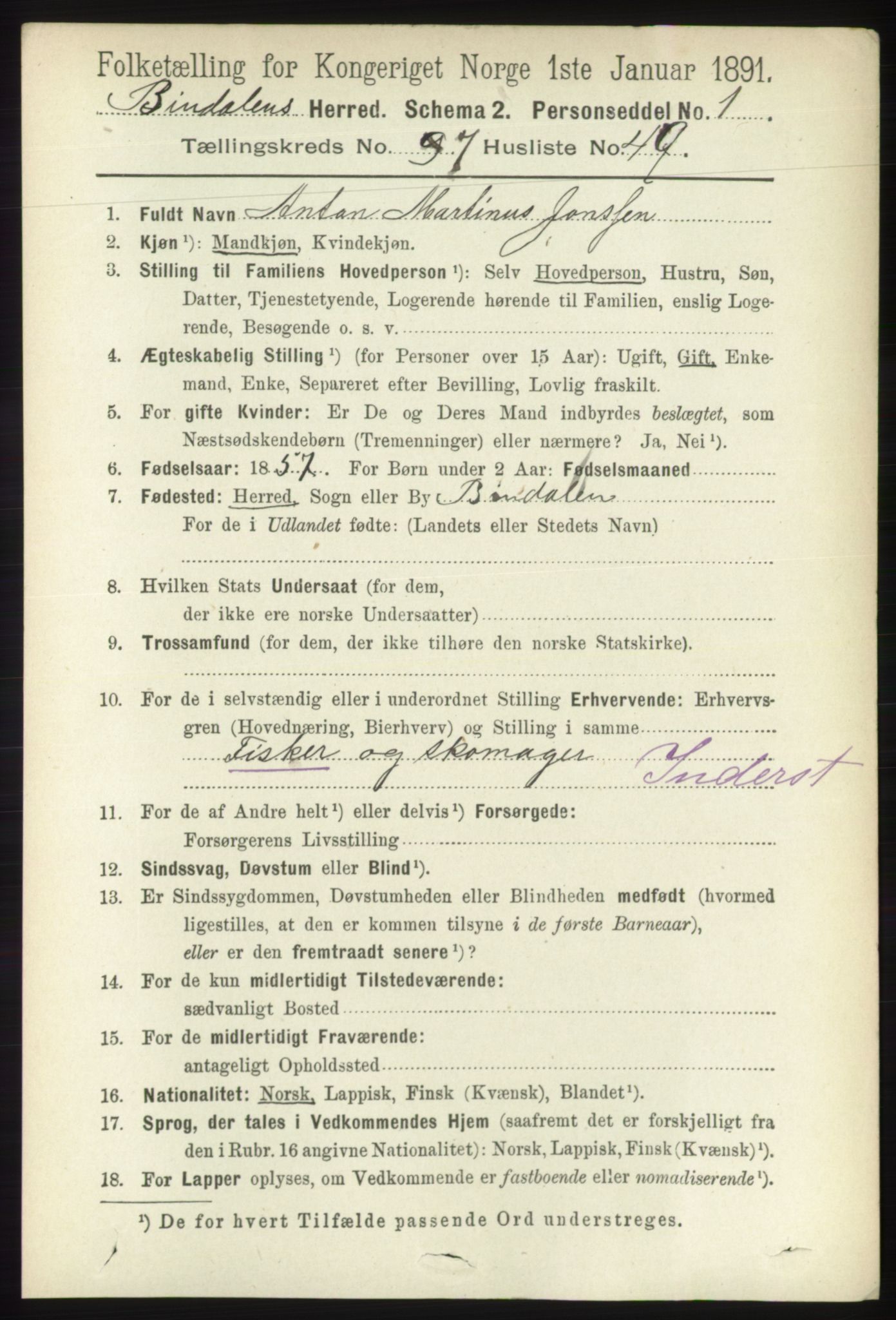 RA, 1891 census for 1811 Bindal, 1891, p. 2557