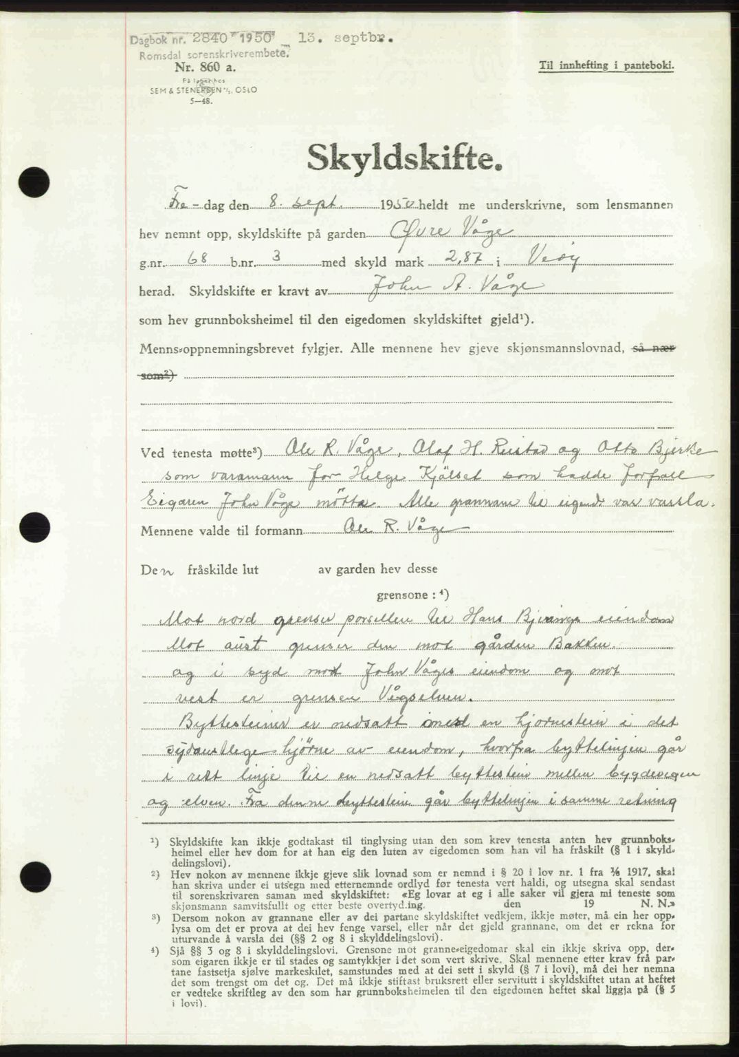 Romsdal sorenskriveri, AV/SAT-A-4149/1/2/2C: Mortgage book no. A34, 1950-1950, Diary no: : 2840/1950