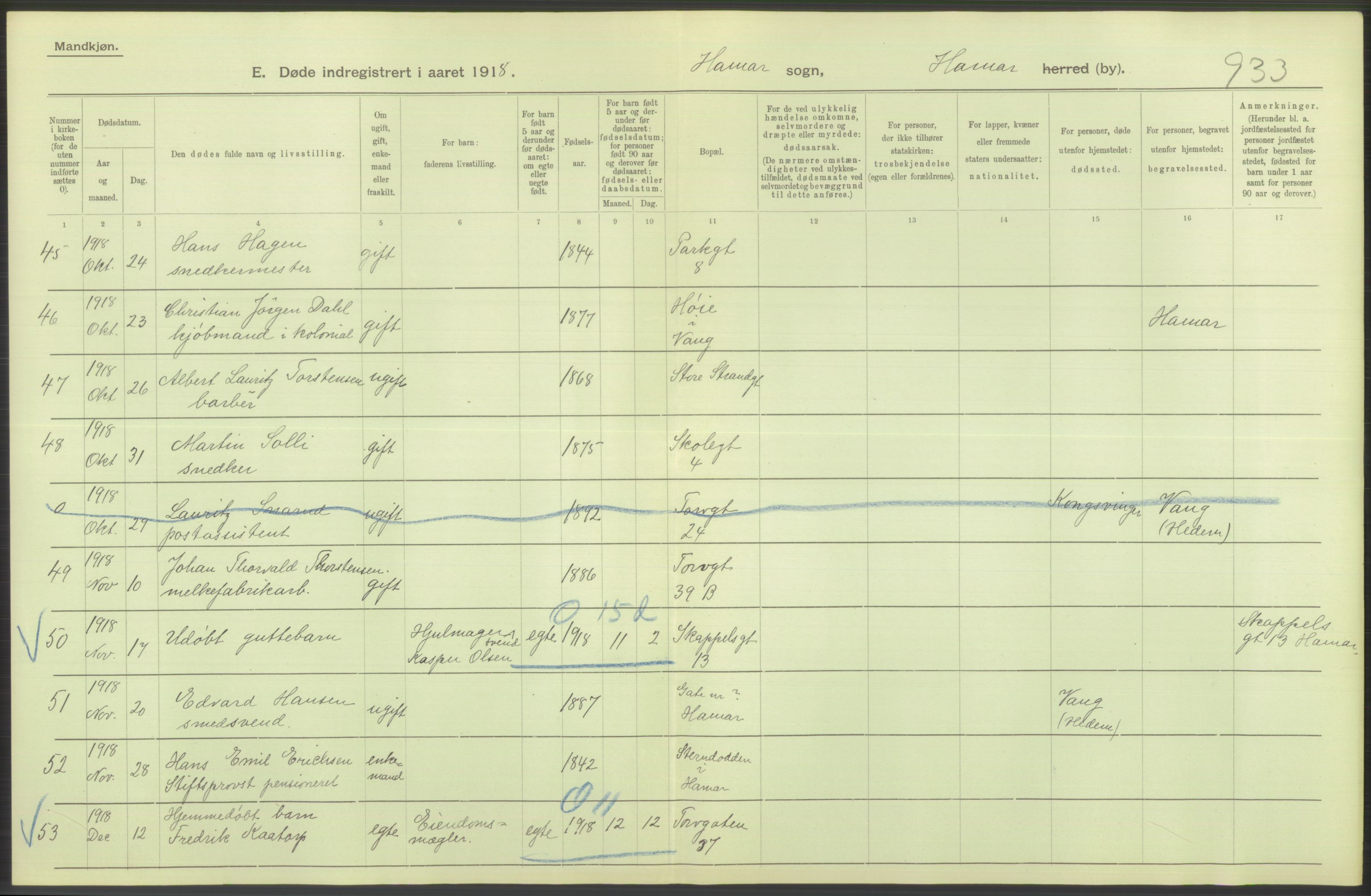 Statistisk sentralbyrå, Sosiodemografiske emner, Befolkning, AV/RA-S-2228/D/Df/Dfb/Dfbh/L0014: Hedemarkens fylke: Døde. Bygder og byer., 1918, p. 14