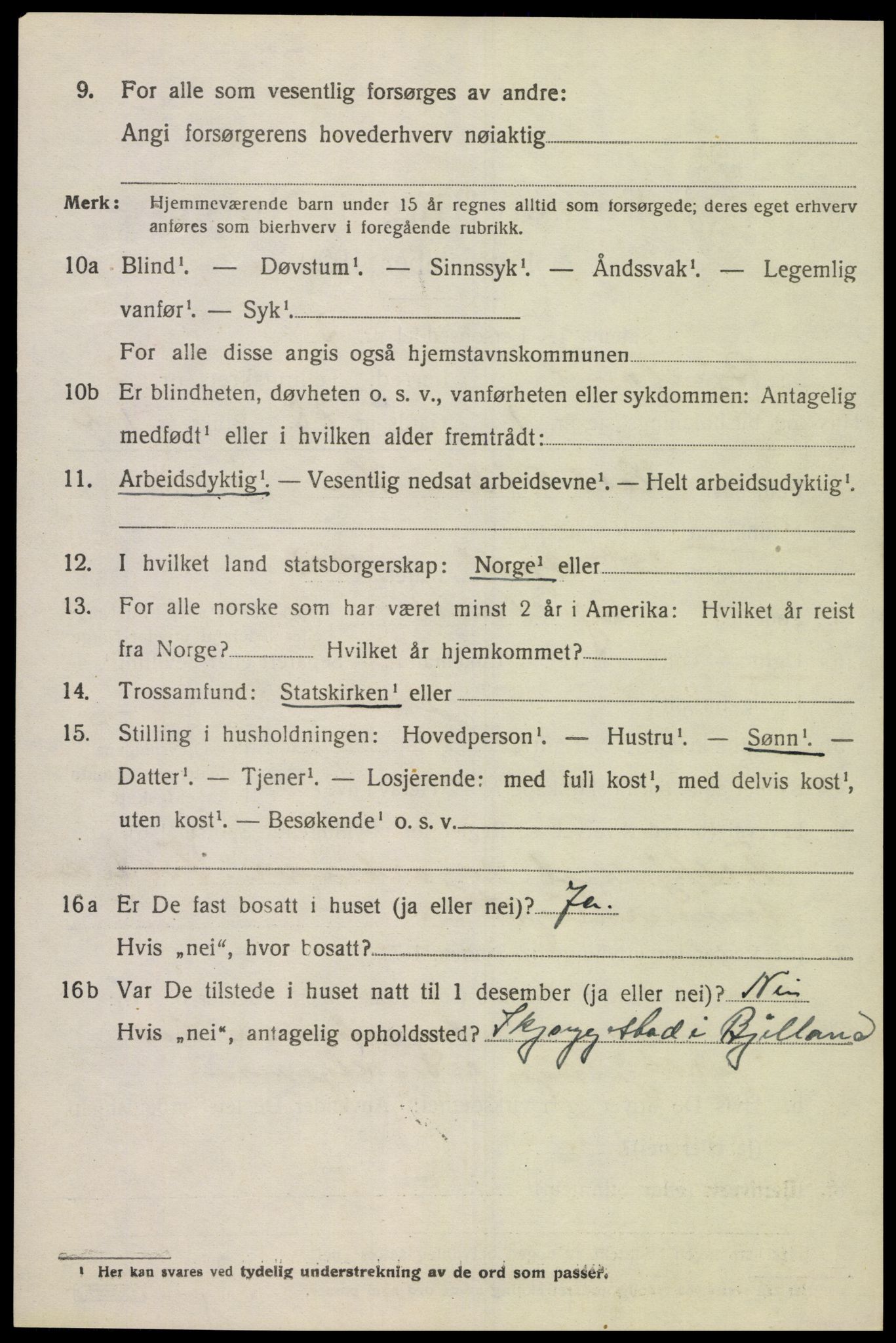 SAK, 1920 census for Bjelland, 1920, p. 958