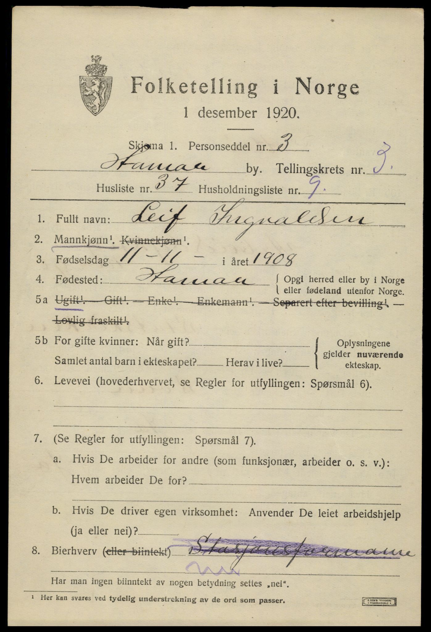 SAH, 1920 census for Hamar, 1920, p. 7785