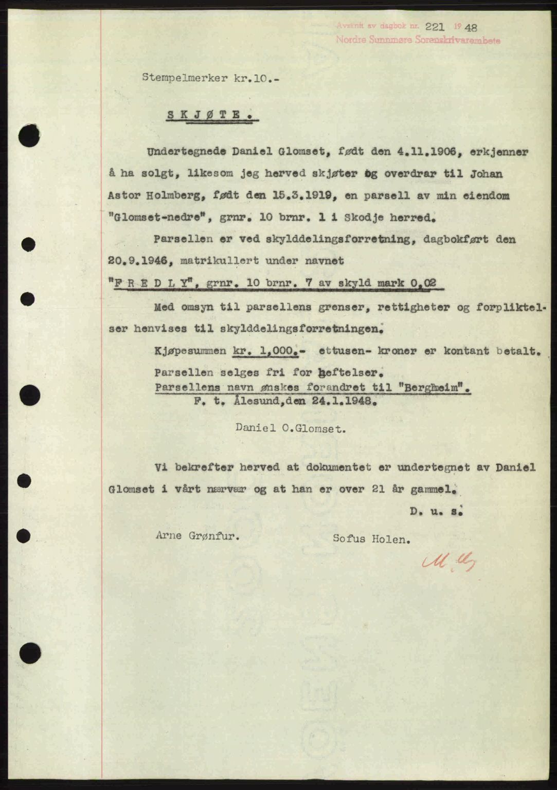 Nordre Sunnmøre sorenskriveri, AV/SAT-A-0006/1/2/2C/2Ca: Mortgage book no. A26, 1947-1948, Diary no: : 221/1948