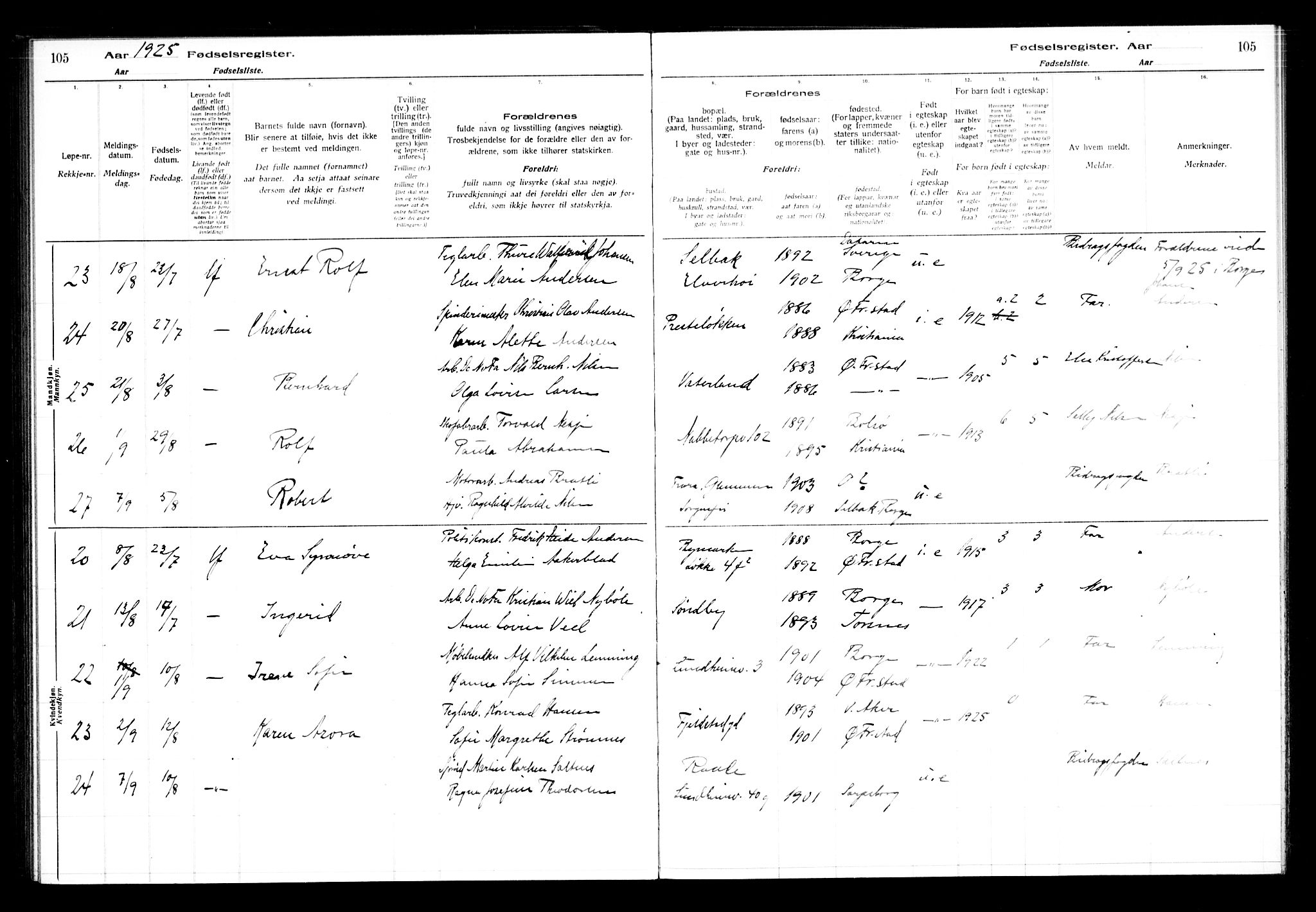 Østre Fredrikstad prestekontor Kirkebøker, AV/SAO-A-10907/J/Ja/L0001: Birth register no. 1, 1916-1936, p. 105