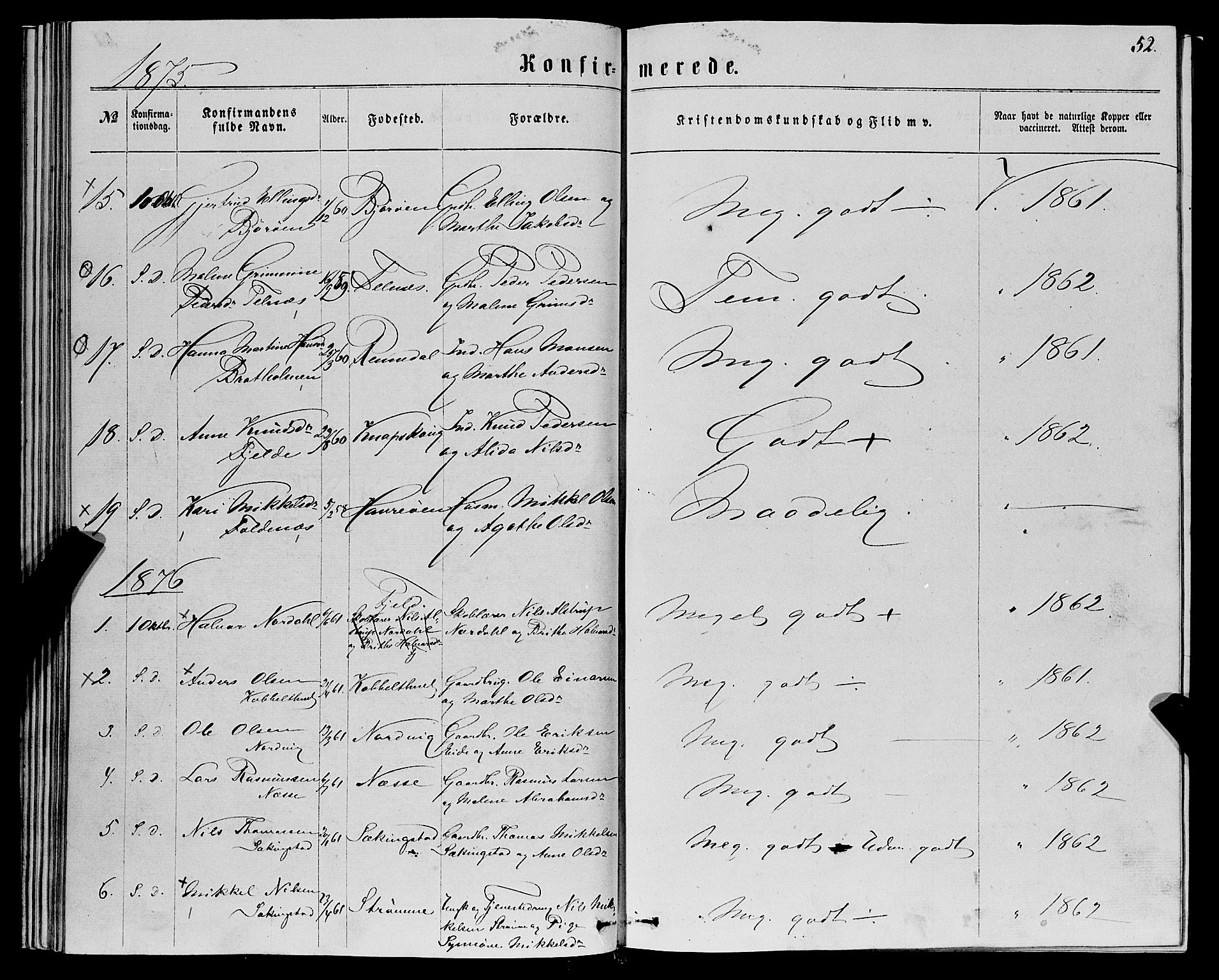 Fjell sokneprestembete, SAB/A-75301/H/Haa: Parish register (official) no. A 5, 1864-1877, p. 52