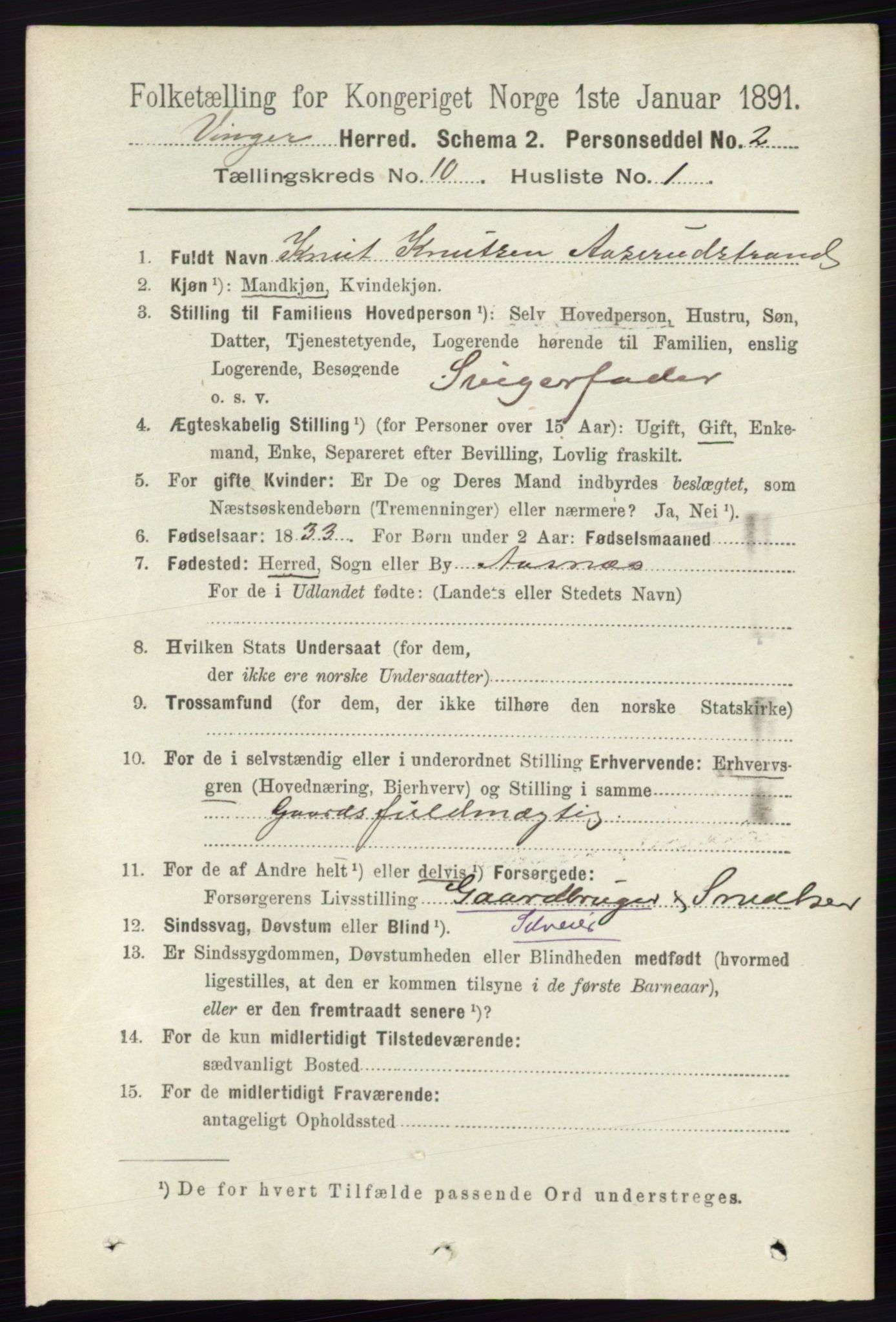 RA, 1891 census for 0421 Vinger, 1891, p. 4881