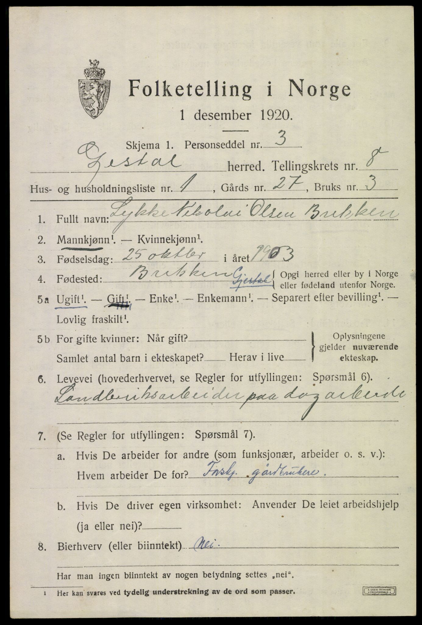 SAST, 1920 census for Gjesdal, 1920, p. 3764