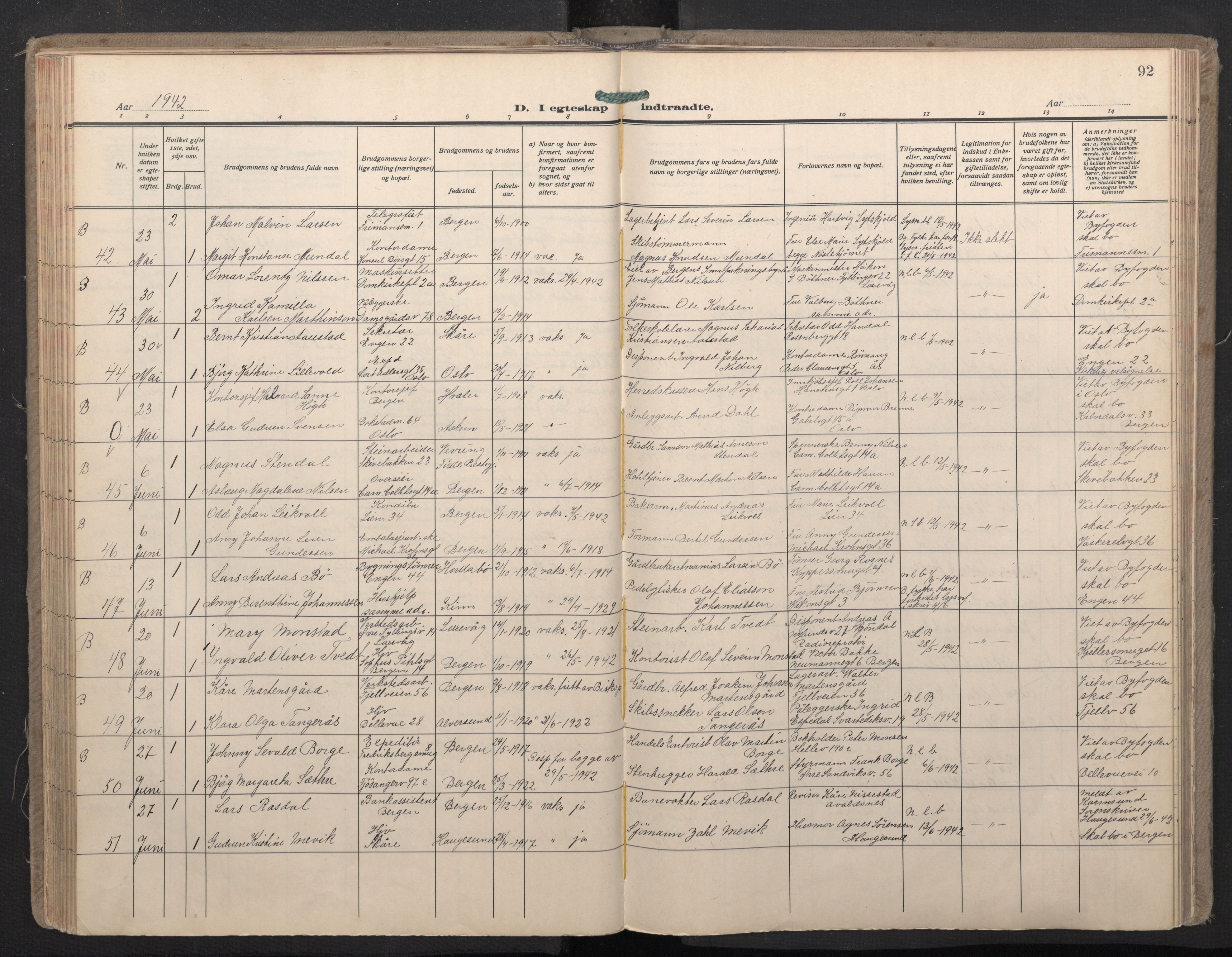 Domkirken sokneprestembete, SAB/A-74801/H/Haa: Parish register (official) no. D 7, 1937-1950, p. 91b-92a