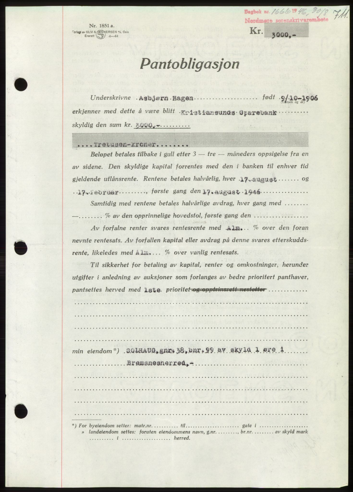 Nordmøre sorenskriveri, AV/SAT-A-4132/1/2/2Ca: Mortgage book no. B94, 1946-1946, Diary no: : 1666/1946