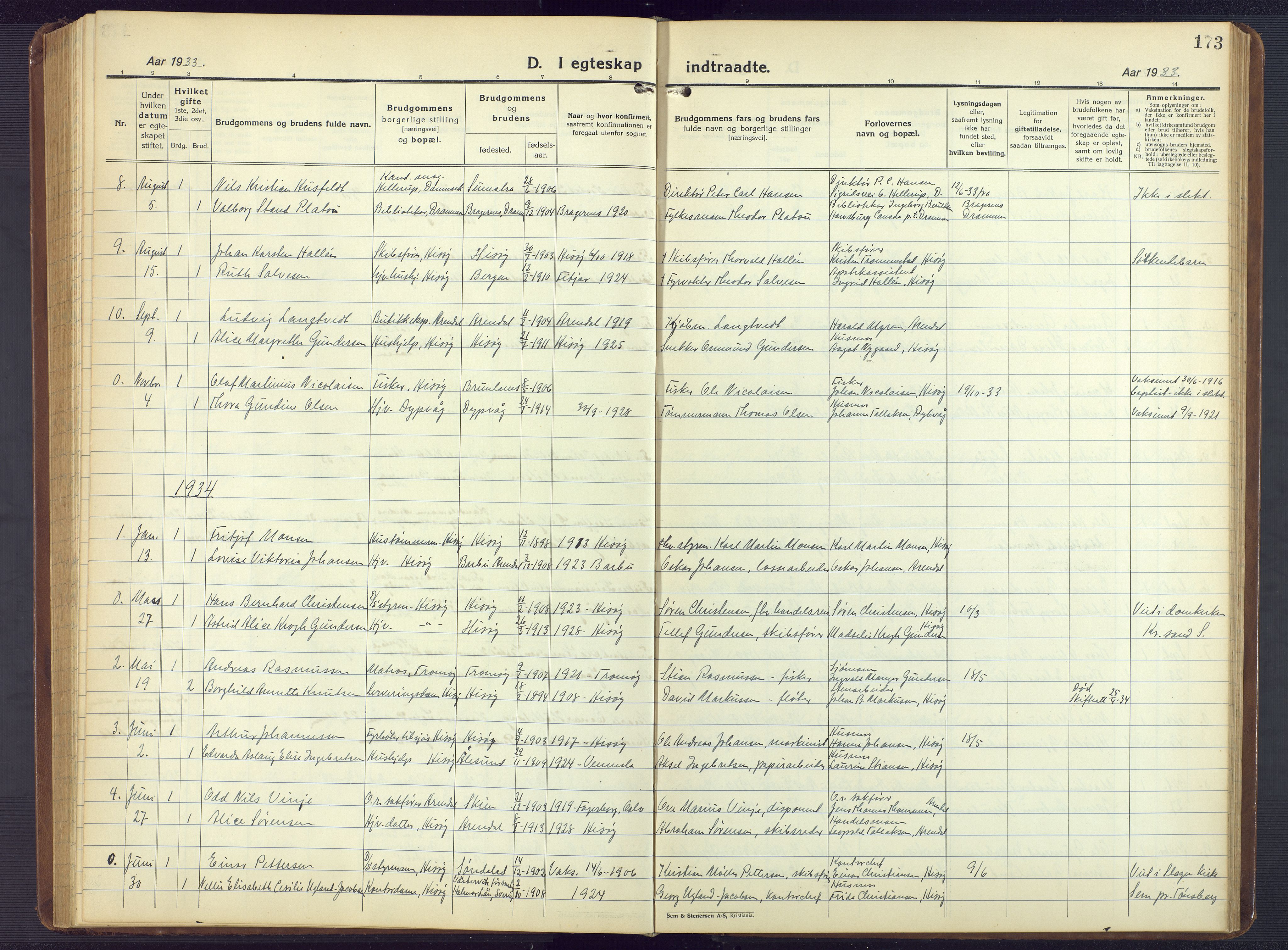 Hisøy sokneprestkontor, AV/SAK-1111-0020/F/Fb/L0005: Parish register (copy) no. B 5, 1924-1946, p. 173