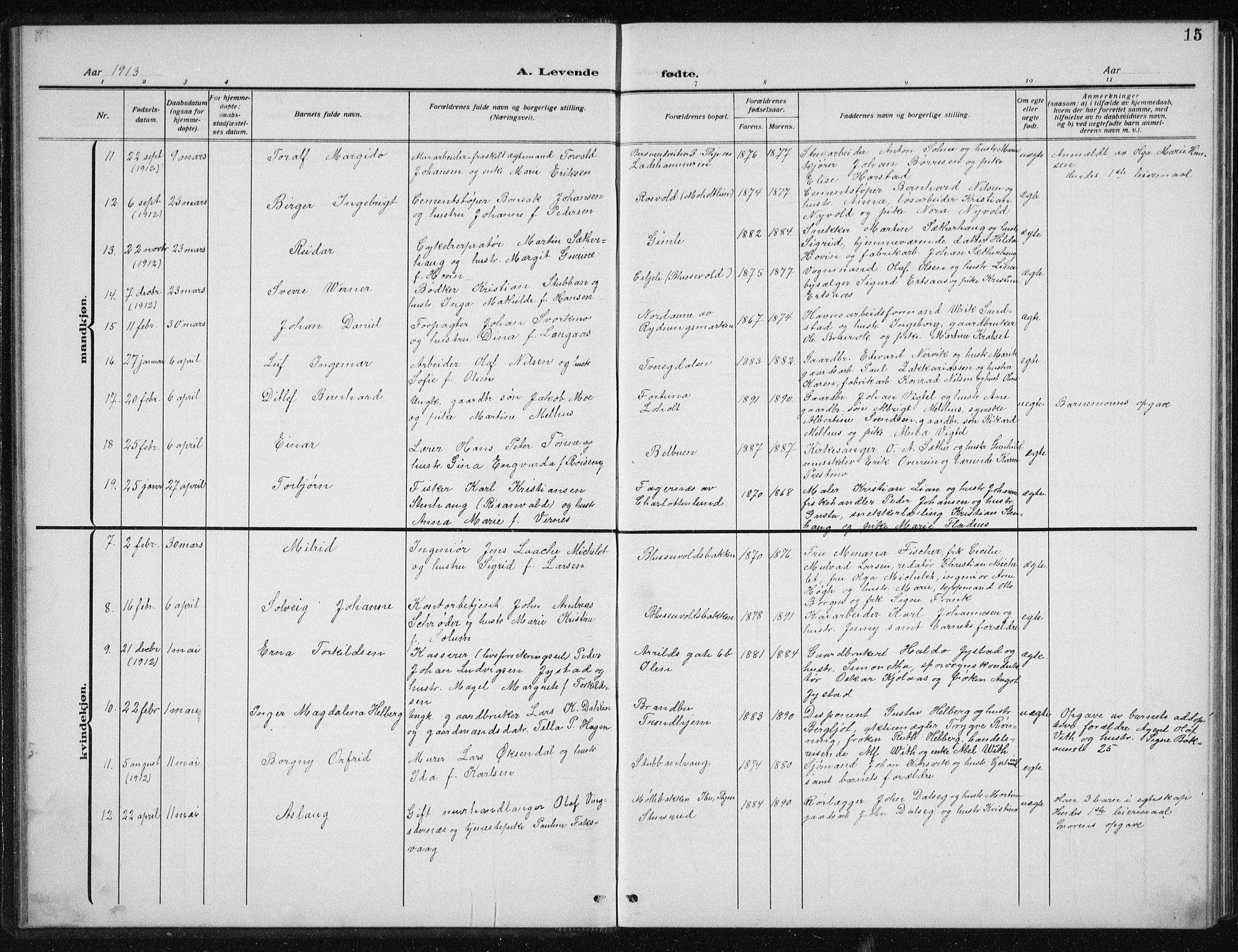 Ministerialprotokoller, klokkerbøker og fødselsregistre - Sør-Trøndelag, SAT/A-1456/606/L0314: Parish register (copy) no. 606C10, 1911-1937, p. 15