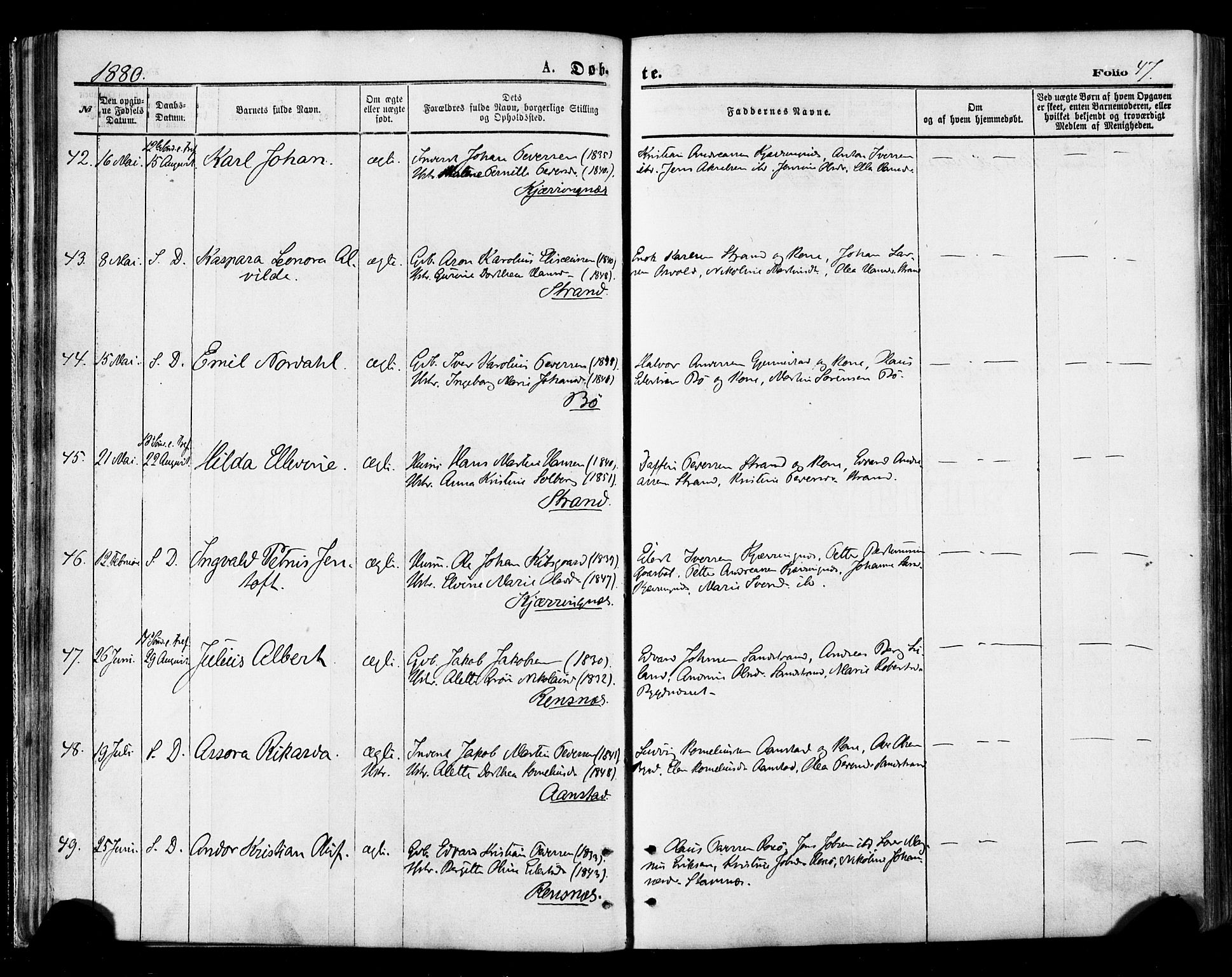 Ministerialprotokoller, klokkerbøker og fødselsregistre - Nordland, AV/SAT-A-1459/895/L1370: Parish register (official) no. 895A05, 1873-1884, p. 47