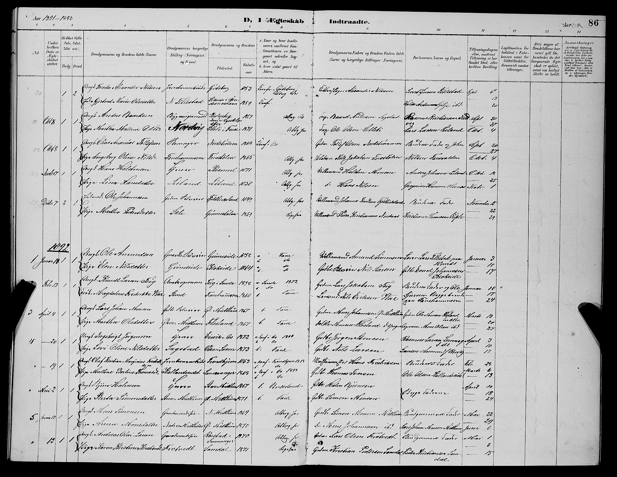 Fana Sokneprestembete, SAB/A-75101/H/Hab/Haba/L0002: Parish register (copy) no. A 2, 1889-1895, p. 86
