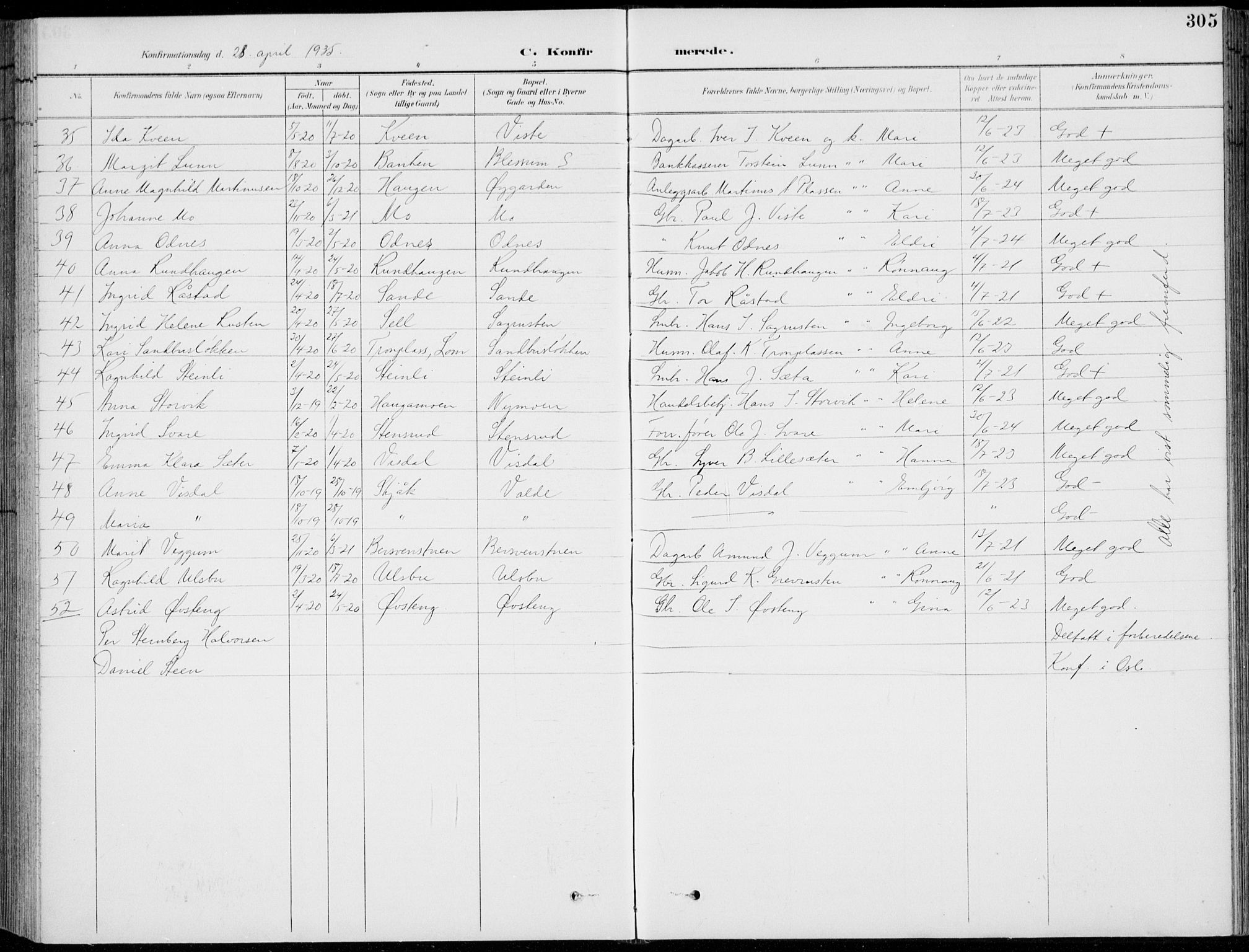 Vågå prestekontor, AV/SAH-PREST-076/H/Ha/Hab/L0002: Parish register (copy) no. 2, 1894-1939, p. 305