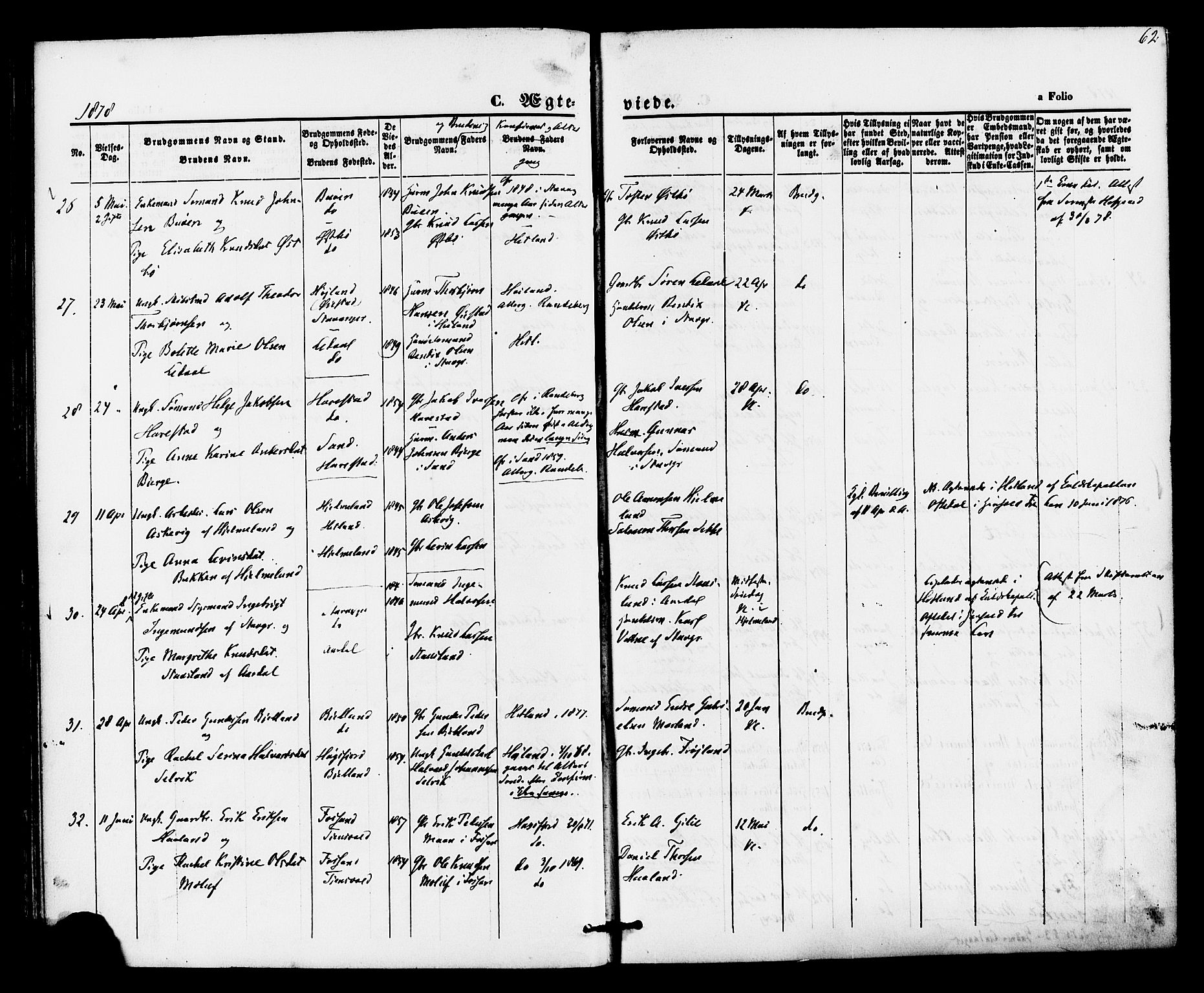 Hetland sokneprestkontor, AV/SAST-A-101826/30/30BA/L0005: Parish register (official) no. A 5, 1869-1884, p. 62