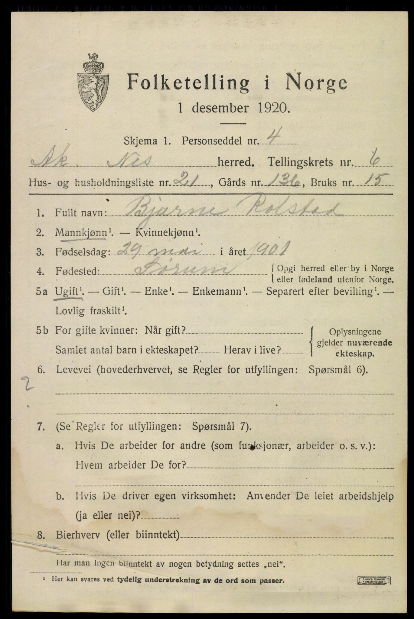 SAO, 1920 census for Nes, 1920, p. 7840