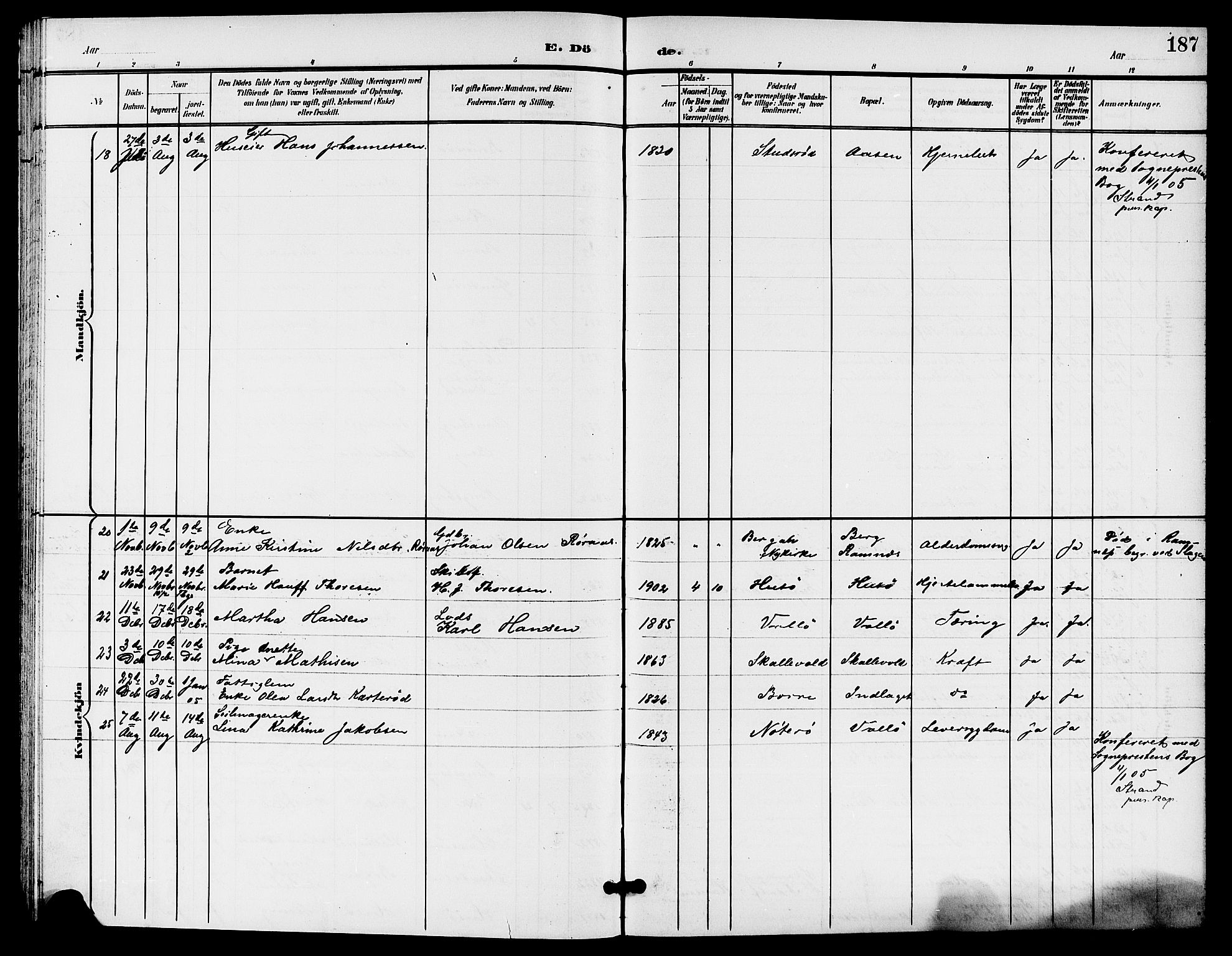 Sem kirkebøker, SAKO/A-5/G/Gb/L0003: Parish register (copy) no. II 3, 1900-1913, p. 187