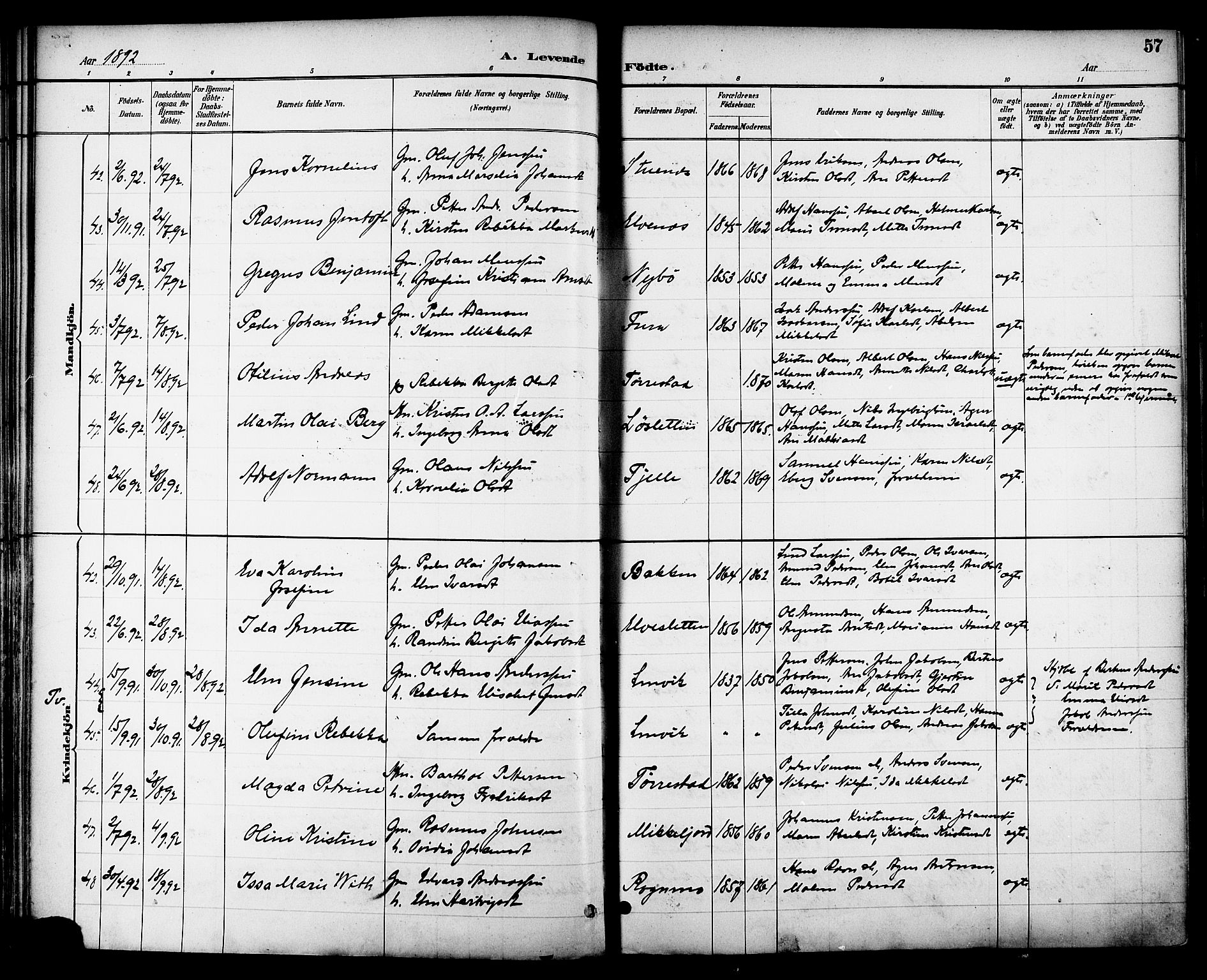 Ministerialprotokoller, klokkerbøker og fødselsregistre - Nordland, AV/SAT-A-1459/863/L0898: Parish register (official) no. 863A10, 1886-1897, p. 57