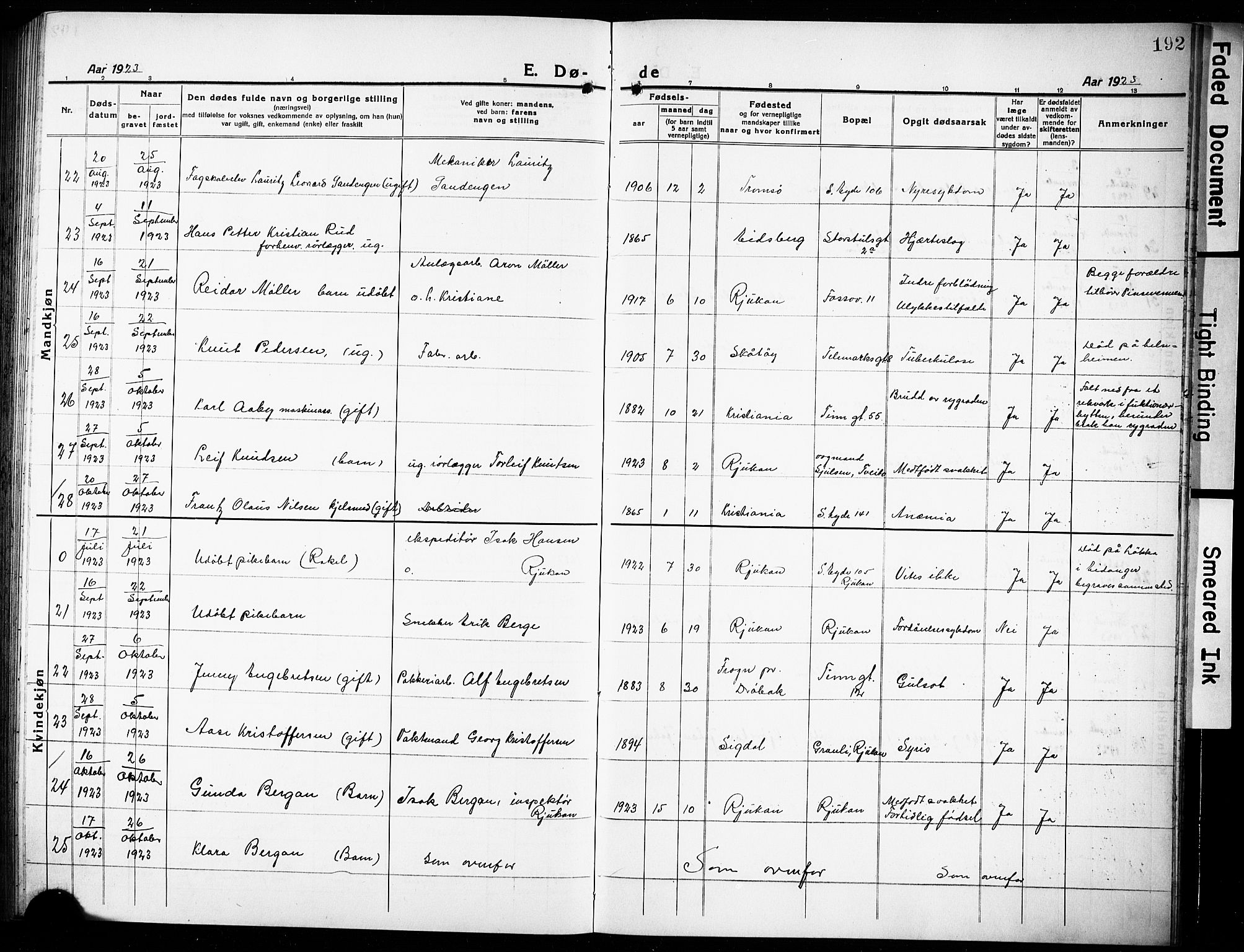 Rjukan kirkebøker, AV/SAKO-A-294/G/Ga/L0003: Parish register (copy) no. 3, 1920-1928, p. 192