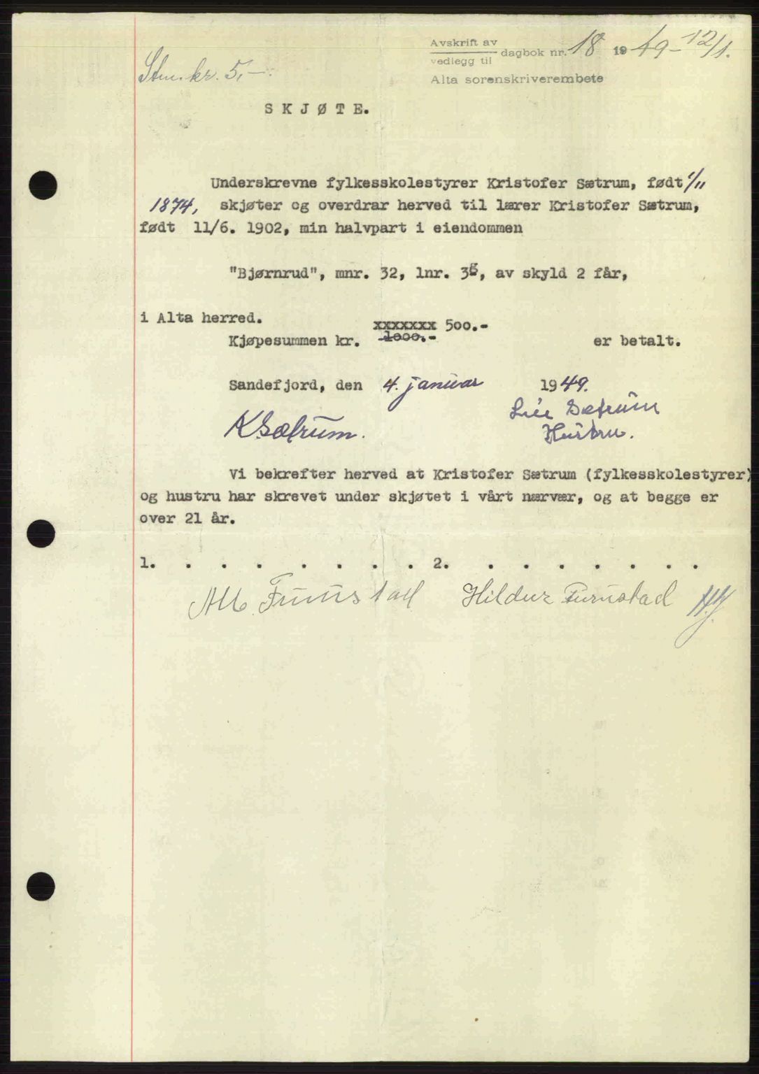 Alta fogderi/sorenskriveri, AV/SATØ-SATØ-5/1/K/Kd/L0037pantebok: Mortgage book no. 39-40, 1948-1949, Diary no: : 18/1949