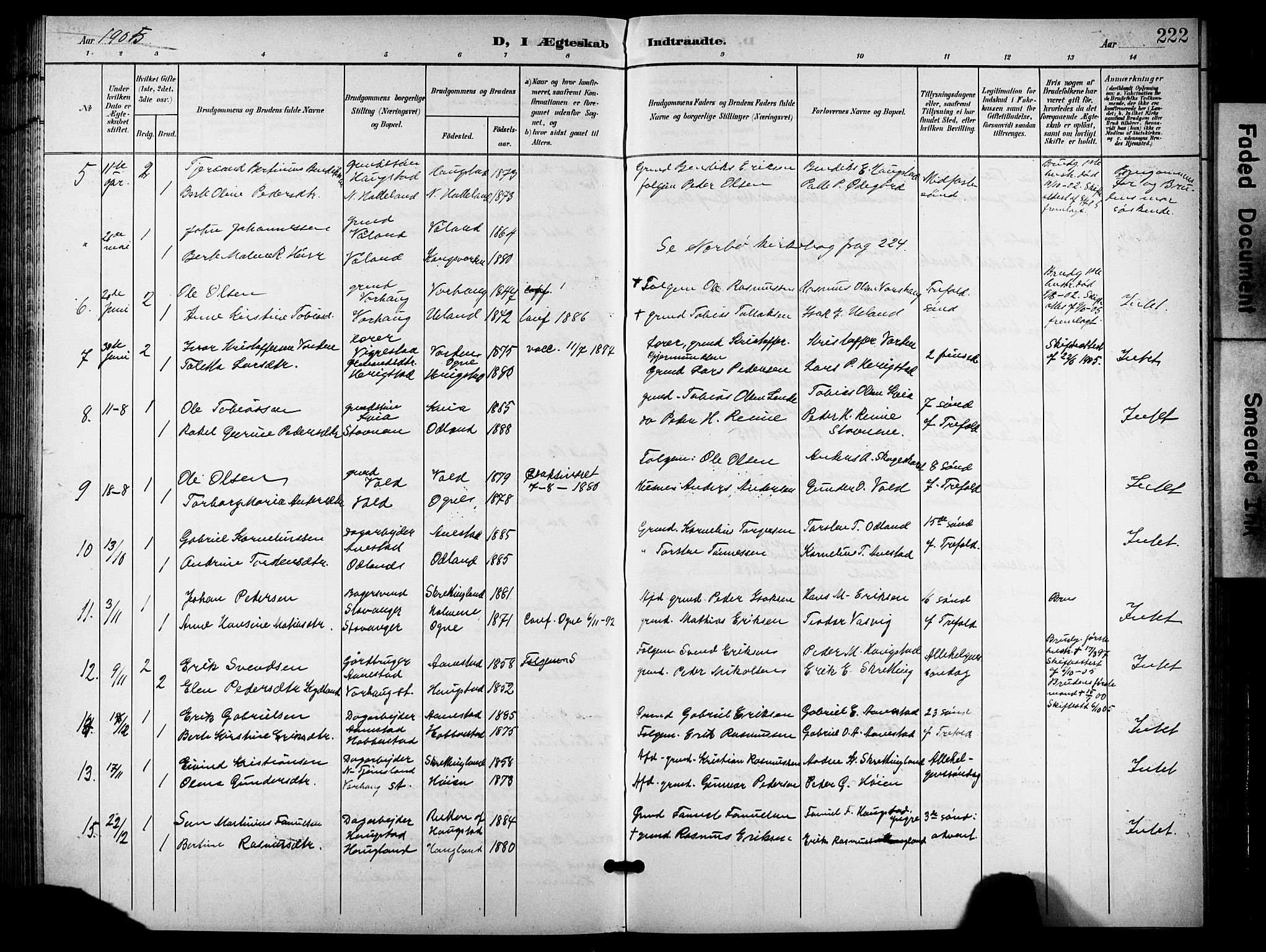 Hå sokneprestkontor, SAST/A-101801/001/30BB/L0006: Parish register (copy) no. B 6, 1900-1924, p. 222