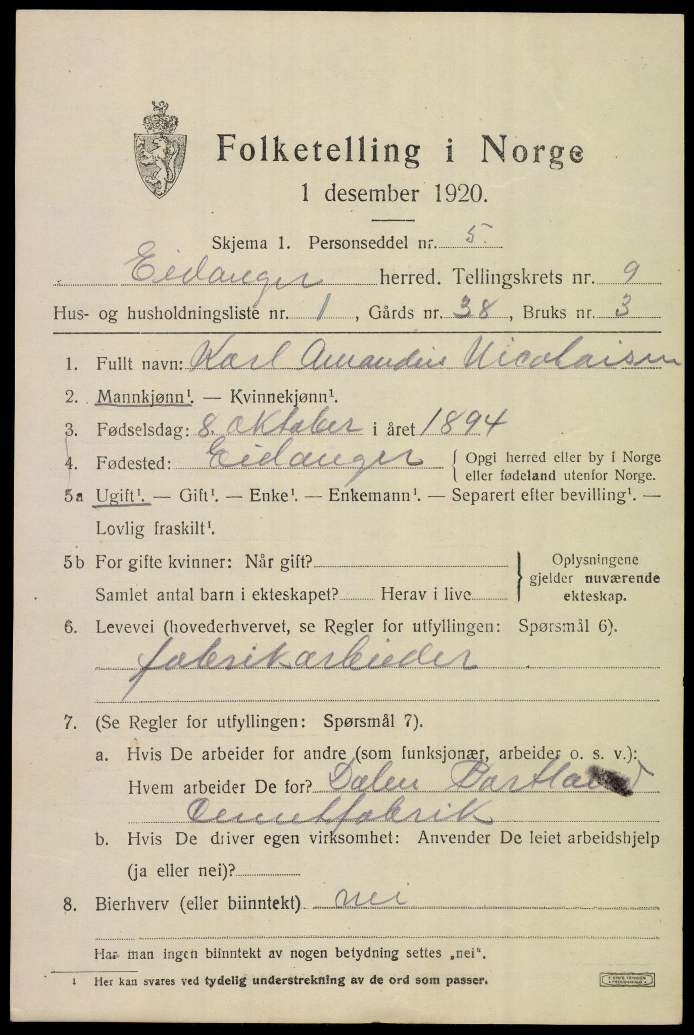 SAKO, 1920 census for Eidanger, 1920, p. 5918