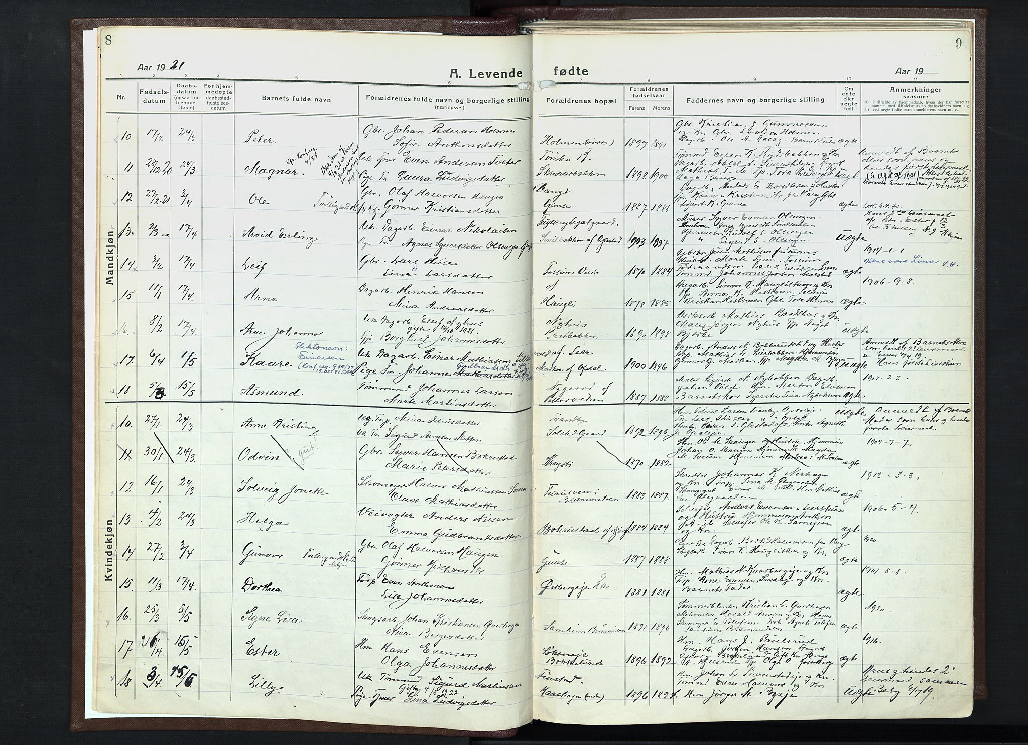 Veldre prestekontor, AV/SAH-PREST-018/K/Ka/L0001: Parish register (official) no. 1, 1921-1934, p. 8-9