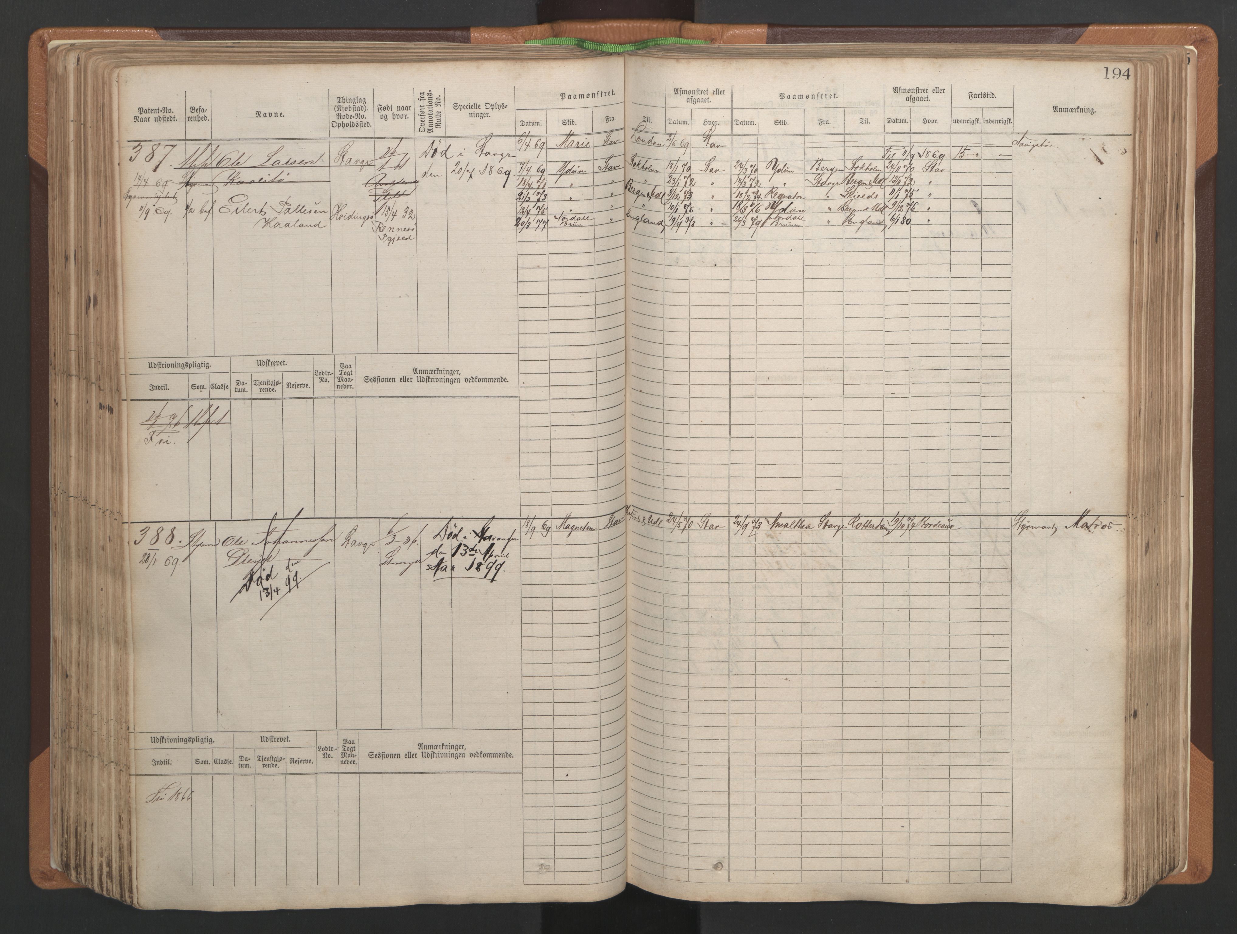 Stavanger sjømannskontor, AV/SAST-A-102006/F/Fb/Fbb/L0004: Sjøfartshovedrulle, patentnr. 1-792 (del 1), 1869-1880, p. 198