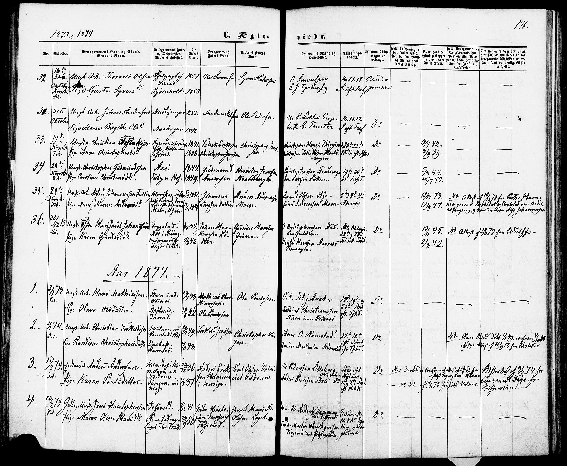 Fet prestekontor Kirkebøker, AV/SAO-A-10370a/F/Fa/L0013: Parish register (official) no. I 13, 1867-1877, p. 176