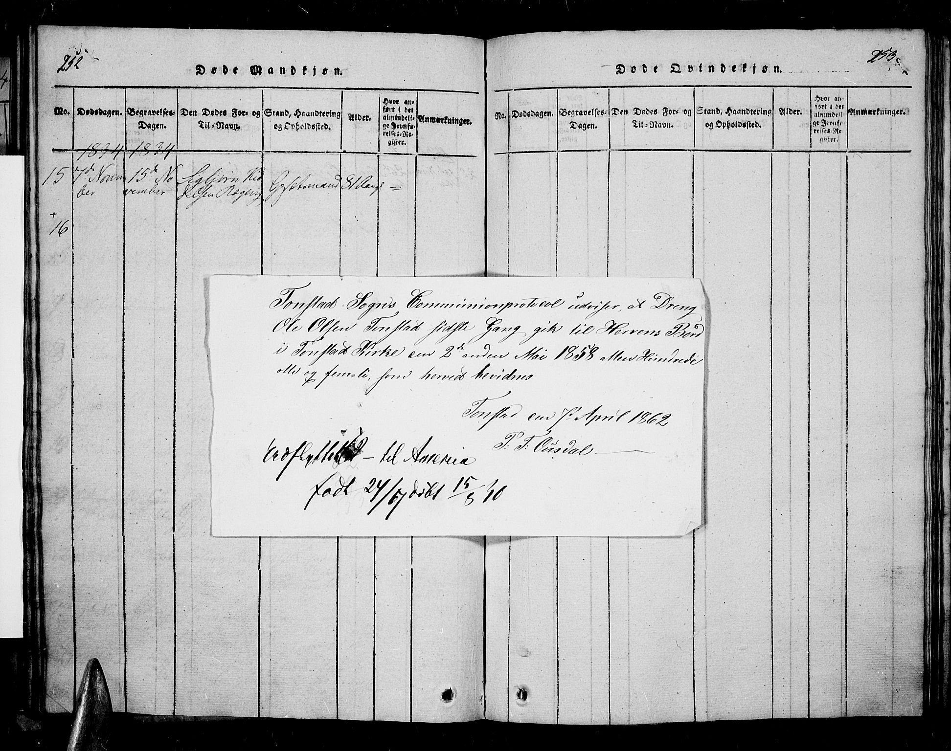 Sirdal sokneprestkontor, SAK/1111-0036/F/Fa/Fab/L0001: Parish register (official) no. A 1, 1815-1834, p. 252-253
