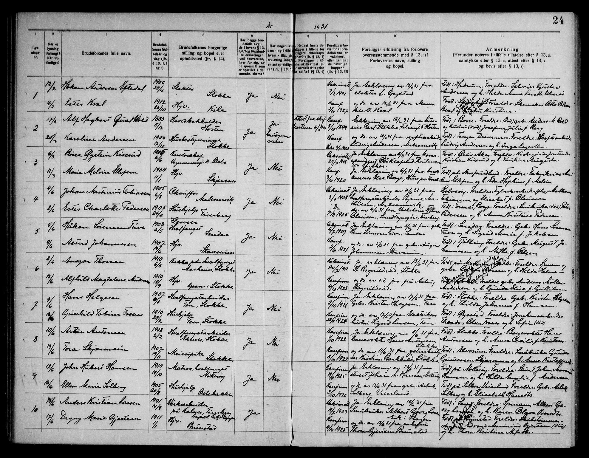 Stokke kirkebøker, AV/SAKO-A-320/H/Ha/L0003: Banns register no. 3, 1919-1958, p. 24