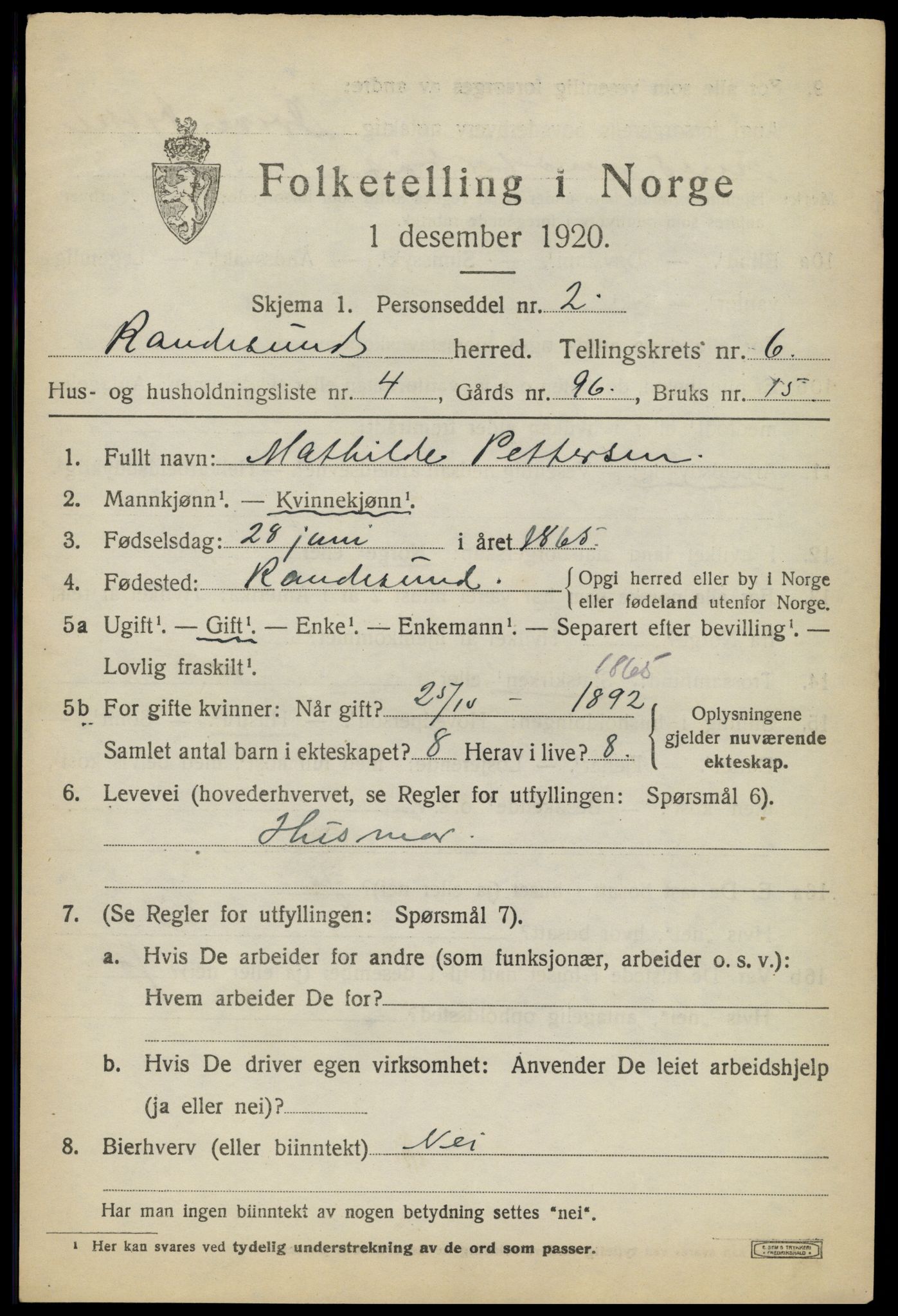 SAK, 1920 census for Randesund, 1920, p. 2772