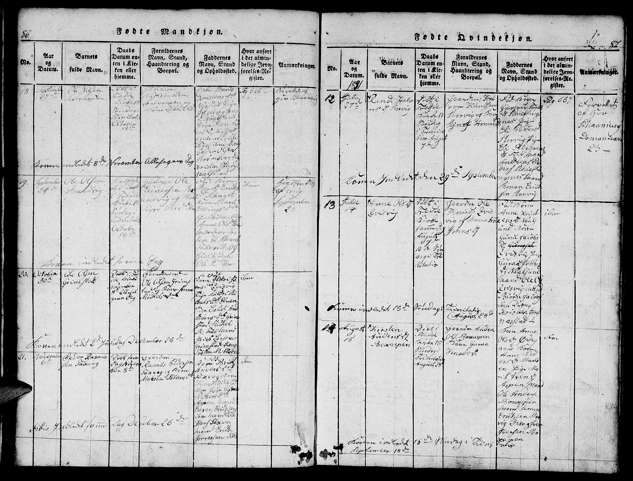 Ministerialprotokoller, klokkerbøker og fødselsregistre - Møre og Romsdal, SAT/A-1454/573/L0873: Parish register (copy) no. 573C01, 1819-1834, p. 86-87