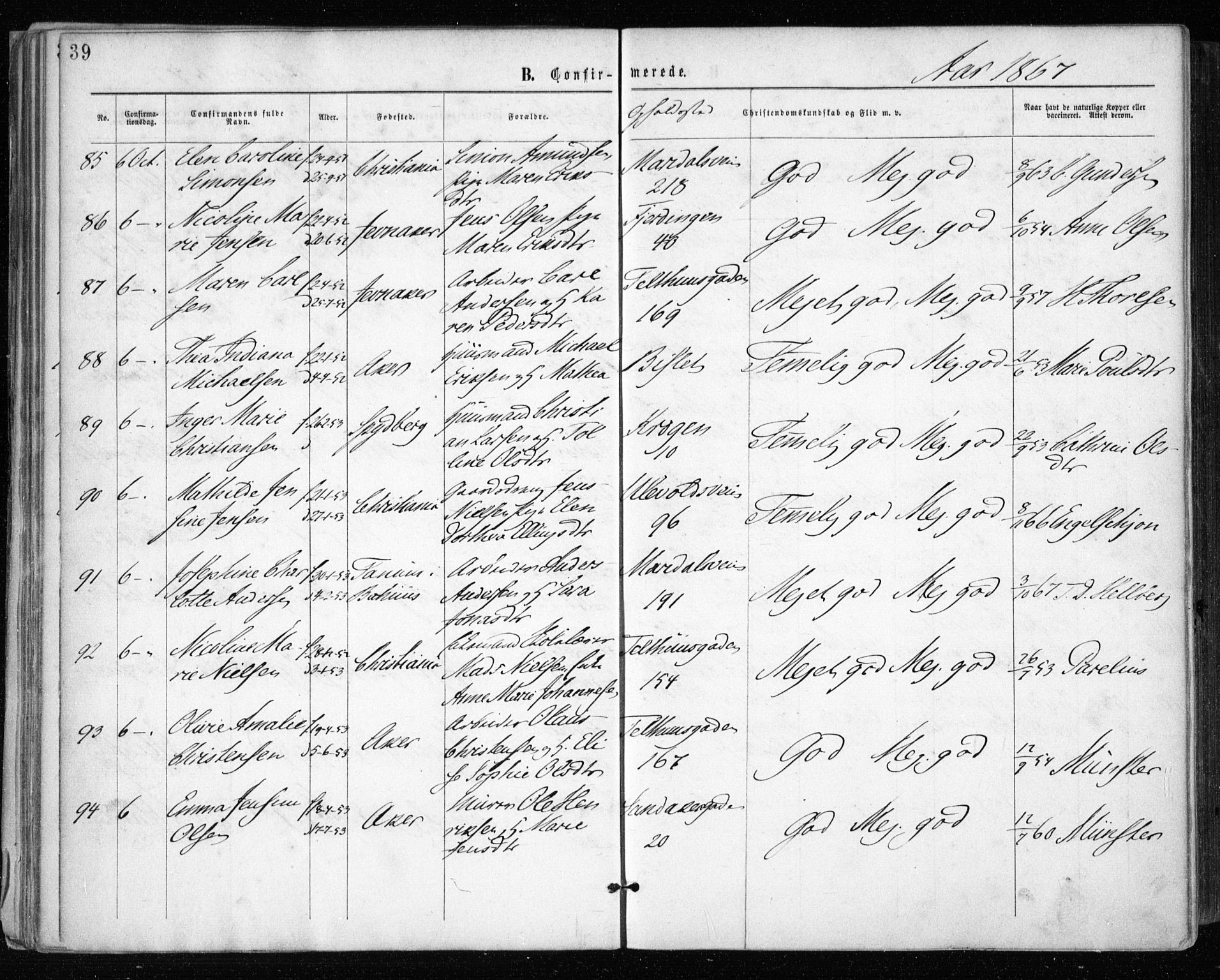 Gamle Aker prestekontor Kirkebøker, AV/SAO-A-10617a/F/L0003: Parish register (official) no. 3, 1865-1873, p. 39