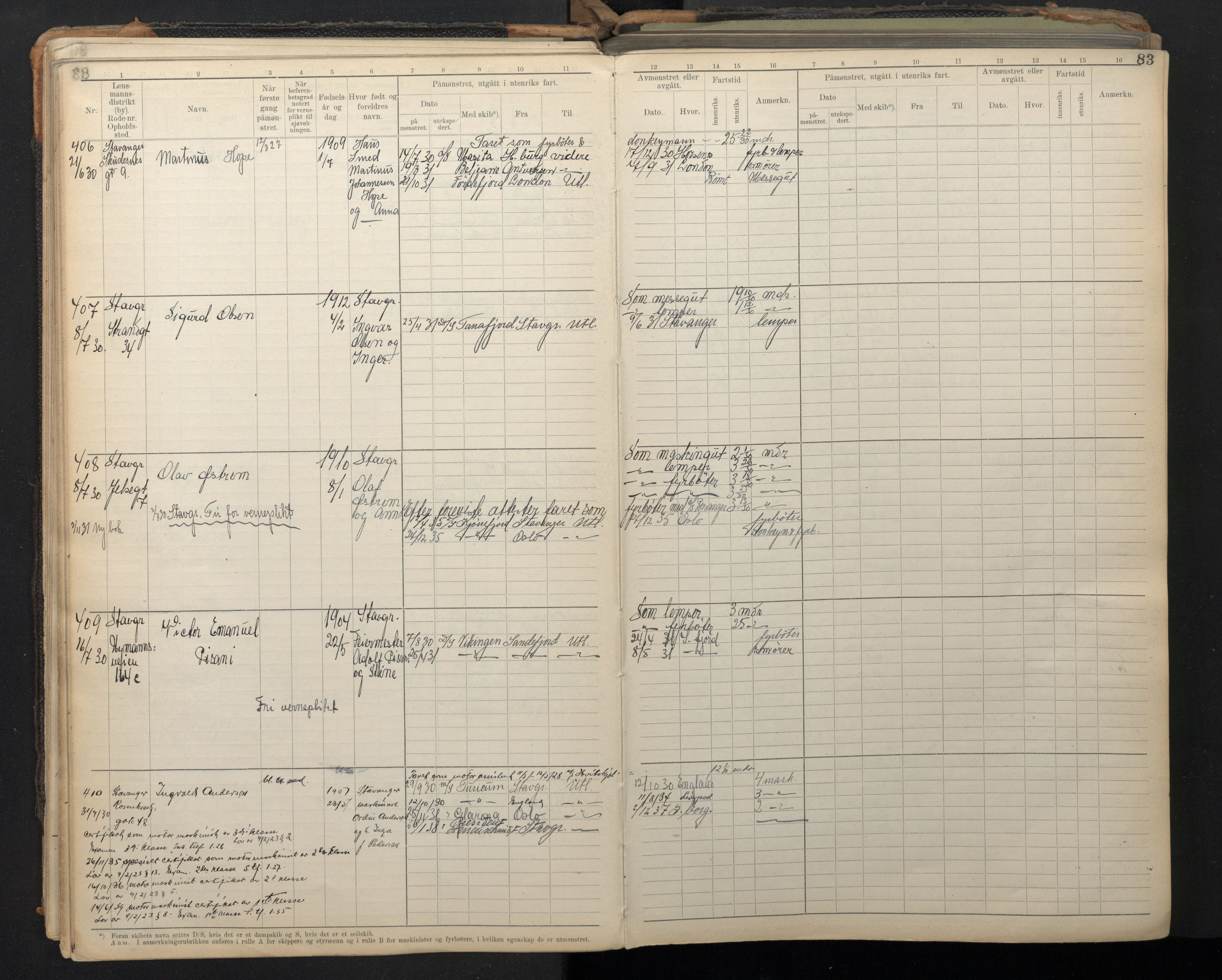 Stavanger sjømannskontor, AV/SAST-A-102006/F/Fe/L0004: Maskinist- og fyrbøterrulle, patentnr. 1-460 (dublett), 1921-1948, p. 86