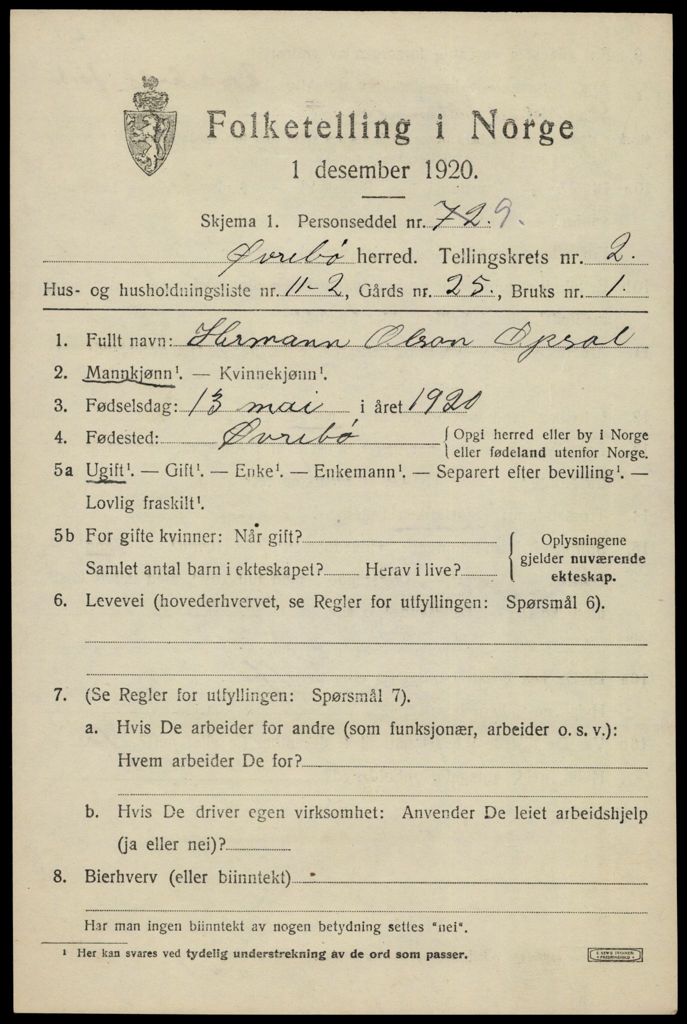 SAK, 1920 census for Øvrebø, 1920, p. 668