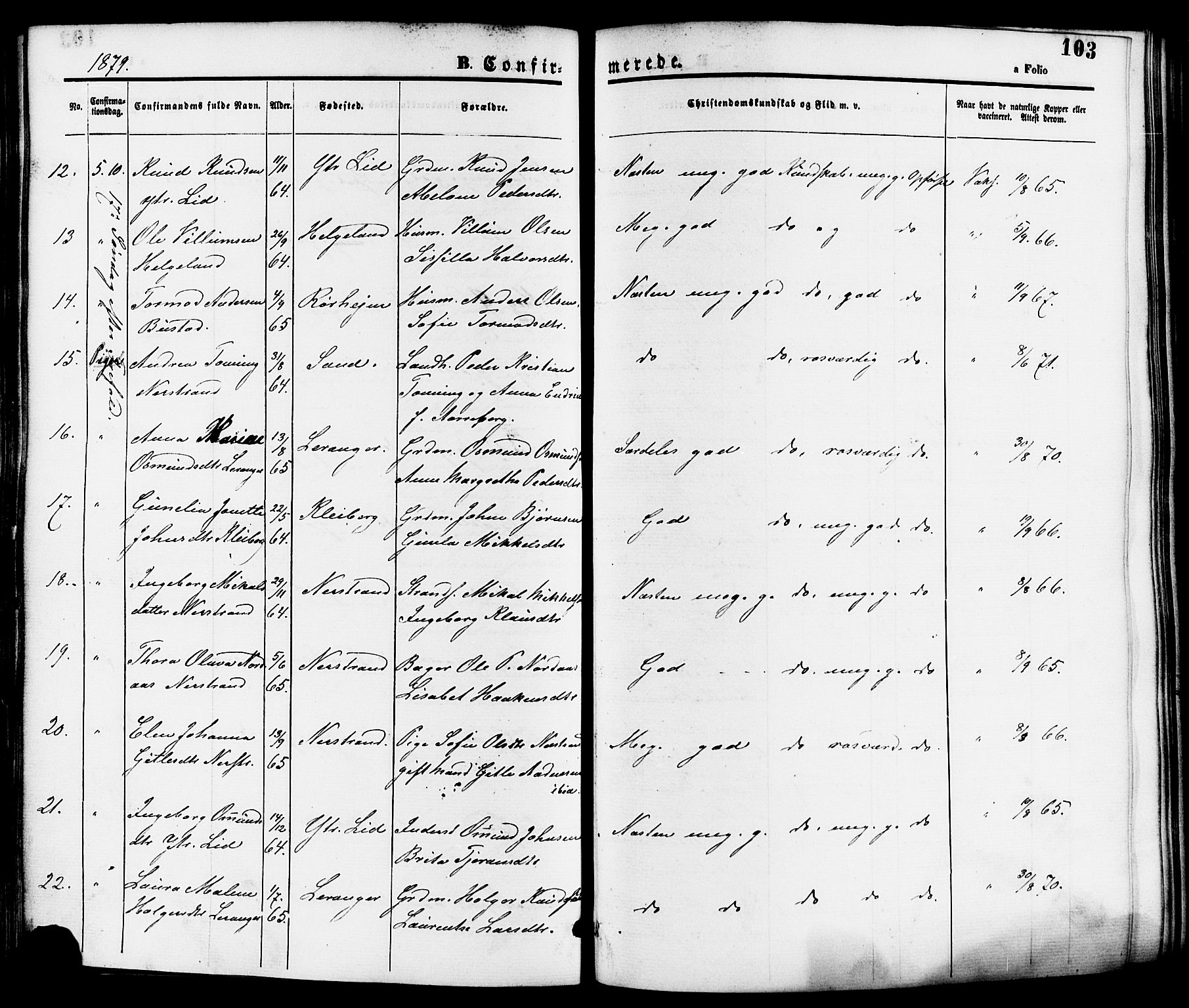Nedstrand sokneprestkontor, SAST/A-101841/01/IV: Parish register (official) no. A 11, 1877-1887, p. 103