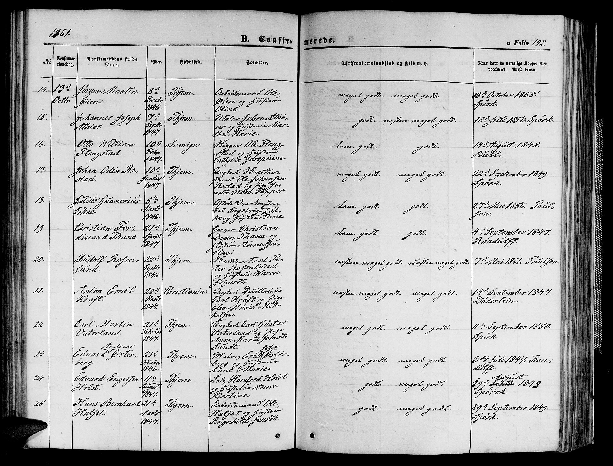 Ministerialprotokoller, klokkerbøker og fødselsregistre - Sør-Trøndelag, AV/SAT-A-1456/602/L0139: Parish register (copy) no. 602C07, 1859-1864, p. 192