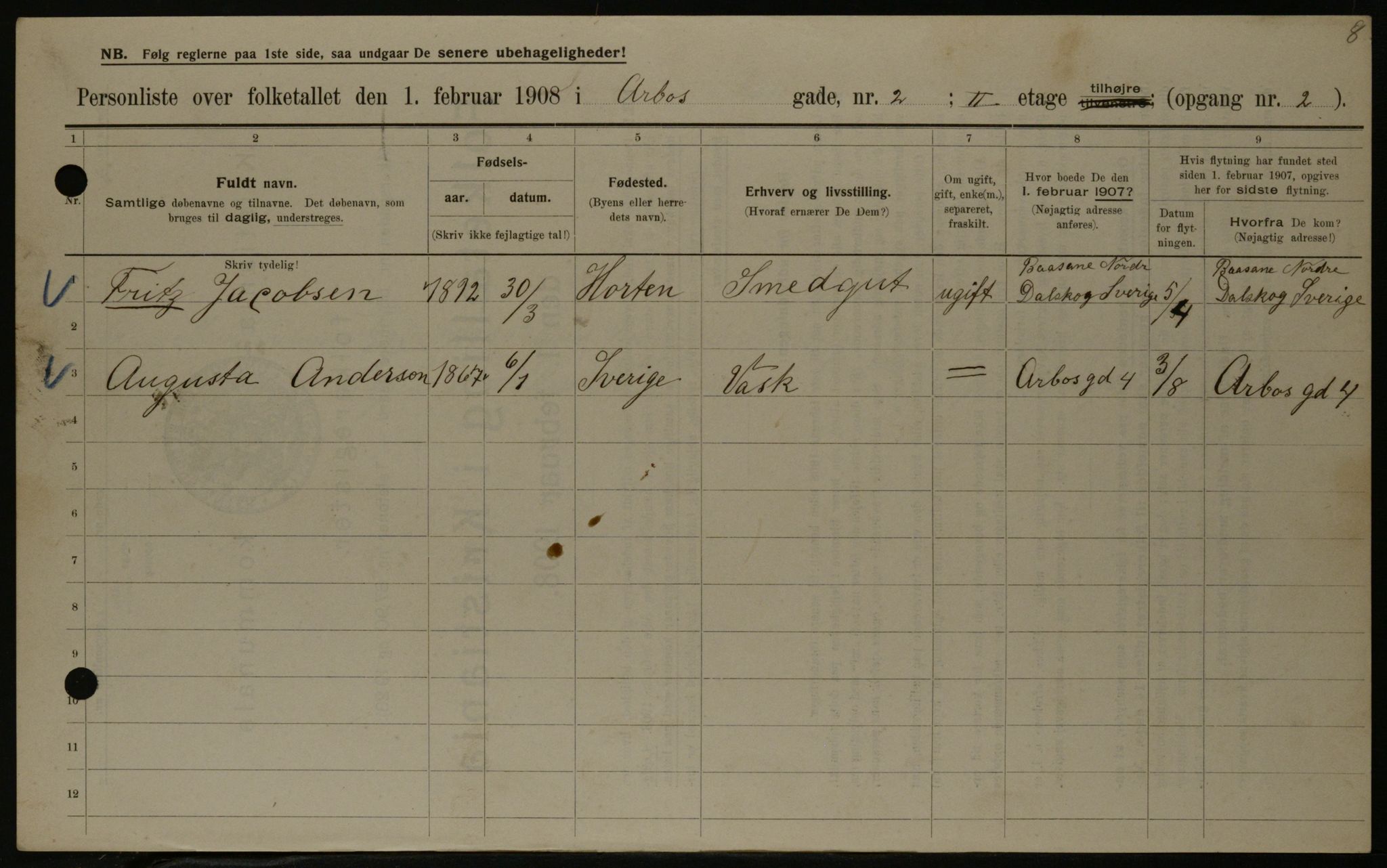 OBA, Municipal Census 1908 for Kristiania, 1908, p. 2033