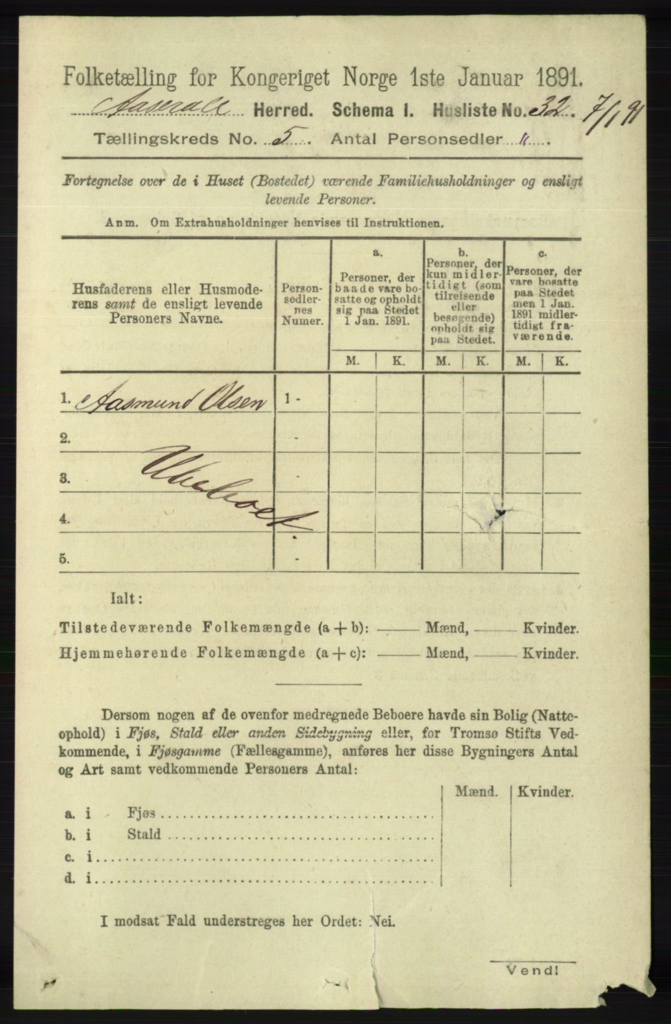 RA, 1891 census for 1026 Åseral, 1891, p. 1447